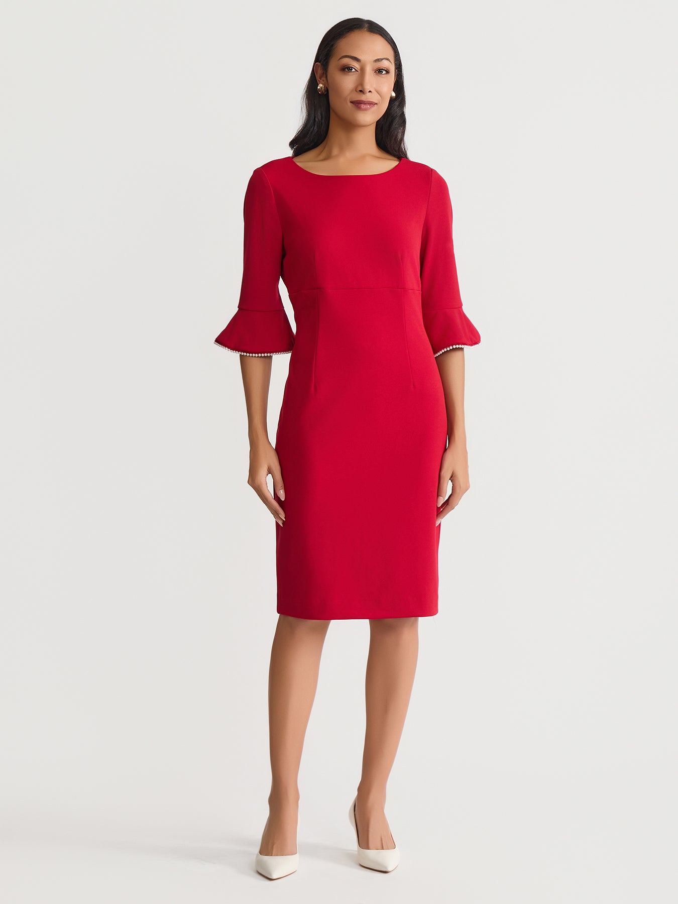 slim fit dress slacks Elbow Ruffle Sleeve Empire Dress, Crimson in Crimson