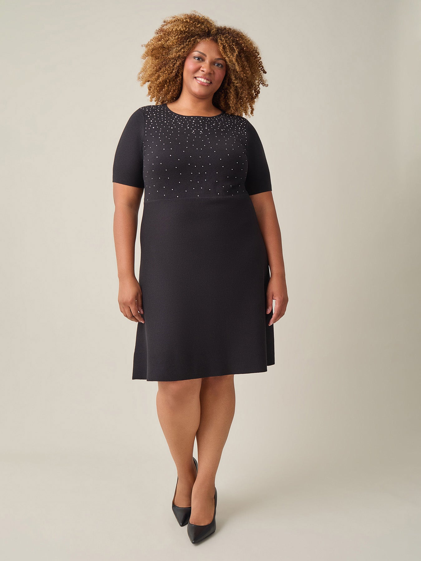 Quarter Sleeve Crew Neck Dress, Black in Black | Kasper Quarter Sleeve Crew Neck Dress, Black in Black | Kasper