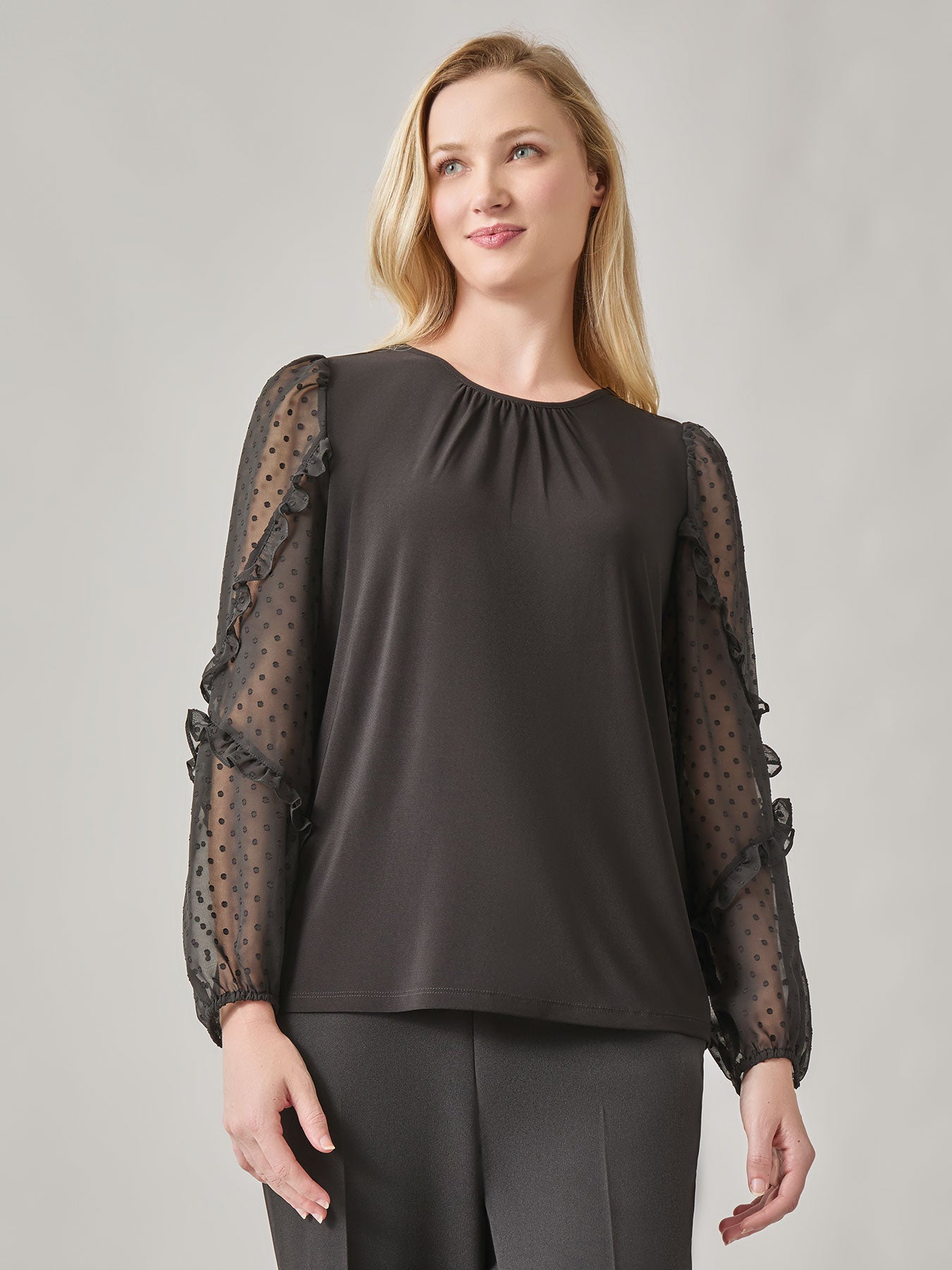 Clip Dot Sleeve Shirred Neck Blouse