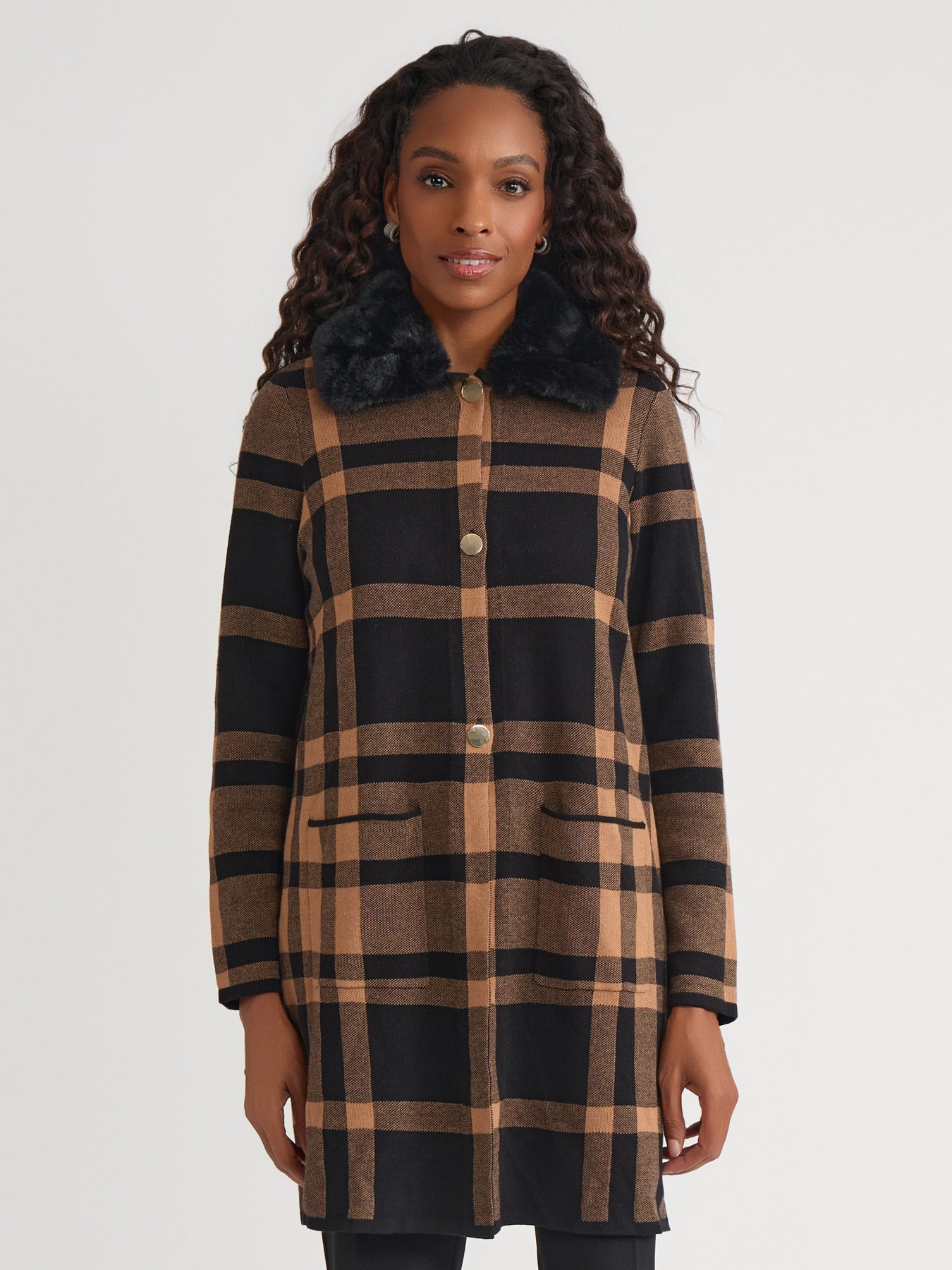 Fur Collared Coatigan in Black/Dark Camel | Kasper