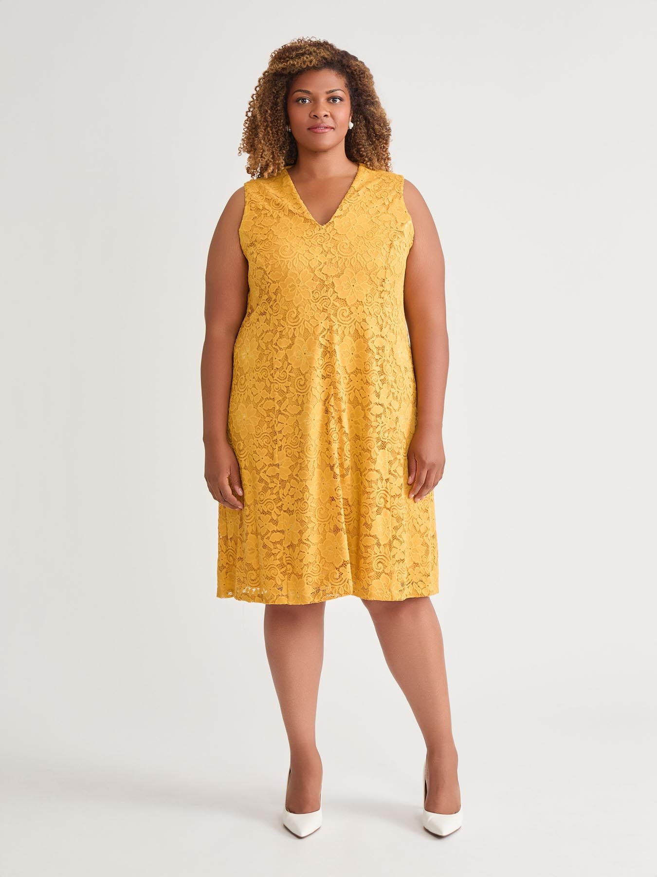 V-Neck Fit-and-Flare Dress, Gold Signature V-Neck Fit-and-Flare Dress, Gold Signature