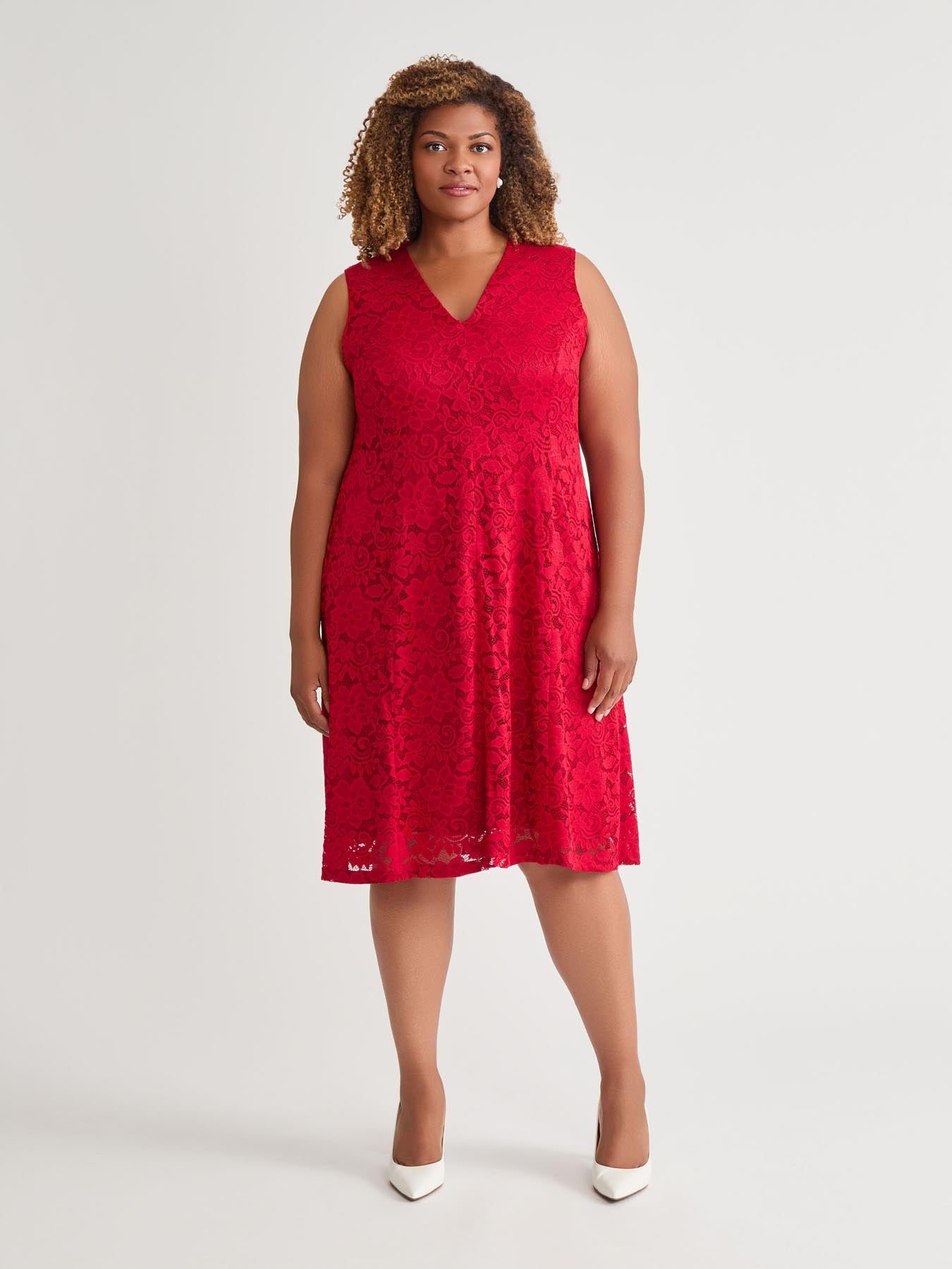 V-Neck Fit-And-Flare Dress, Crimson V-Neck Fit-And-Flare Dress, Crimson