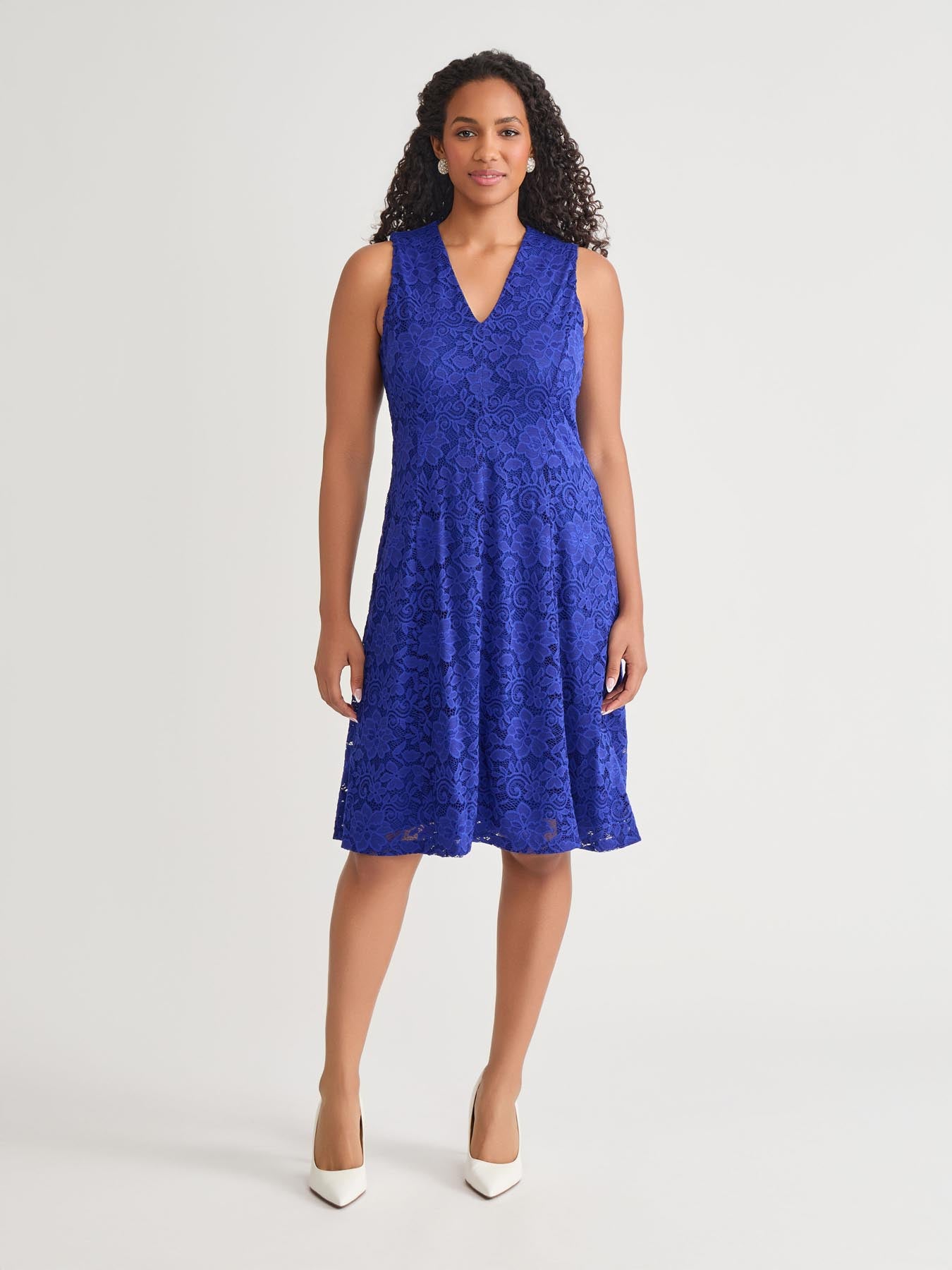 V-Neck Fit-and-Flare Dress, Royal Signature in Royal Signature