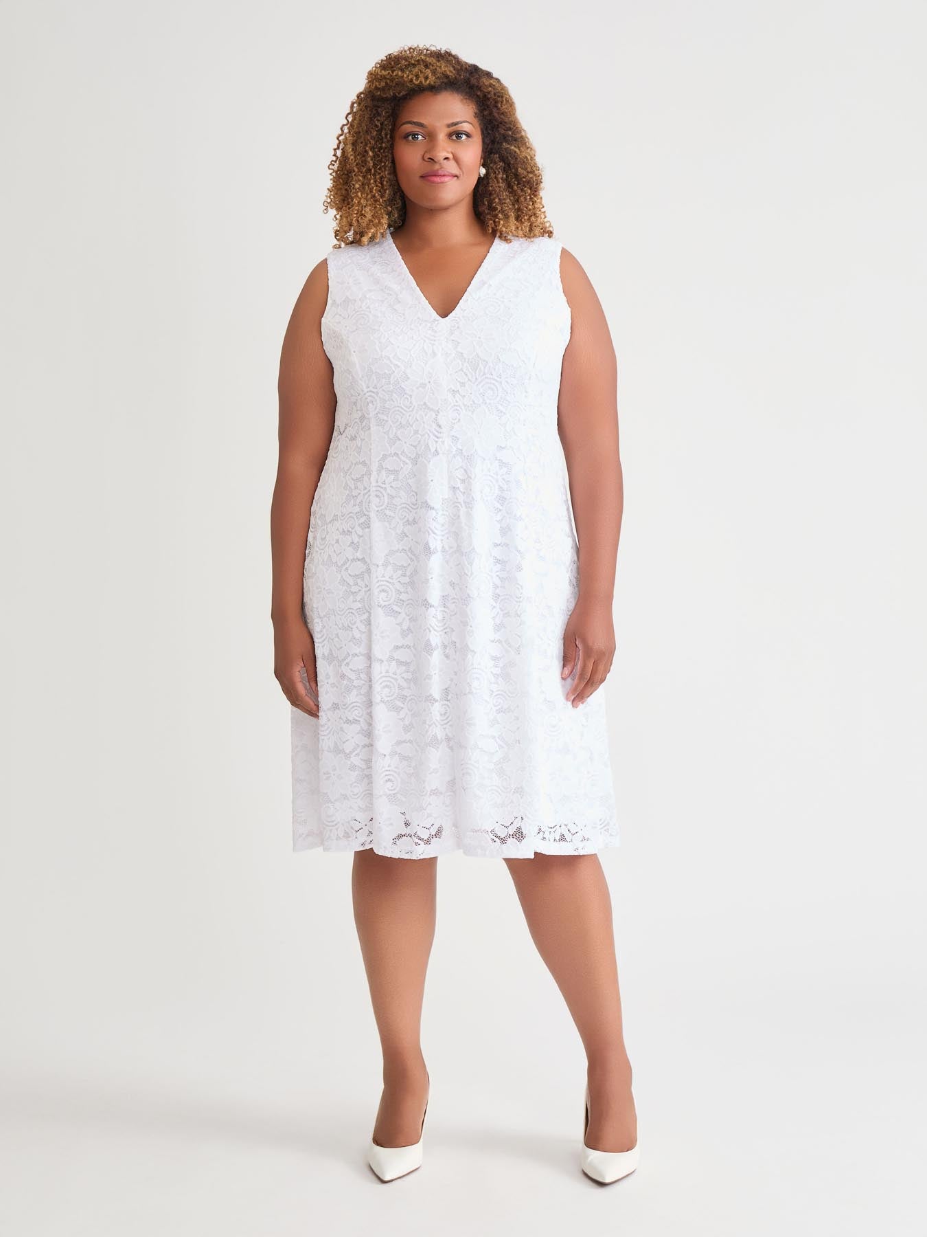 V Neck All White Fit And Flare Dress V-Neck Fit-and-Flare Dress, White In V Neck All White Fit And Flare Dress V-Neck Fit-and-Flare Dress, White In