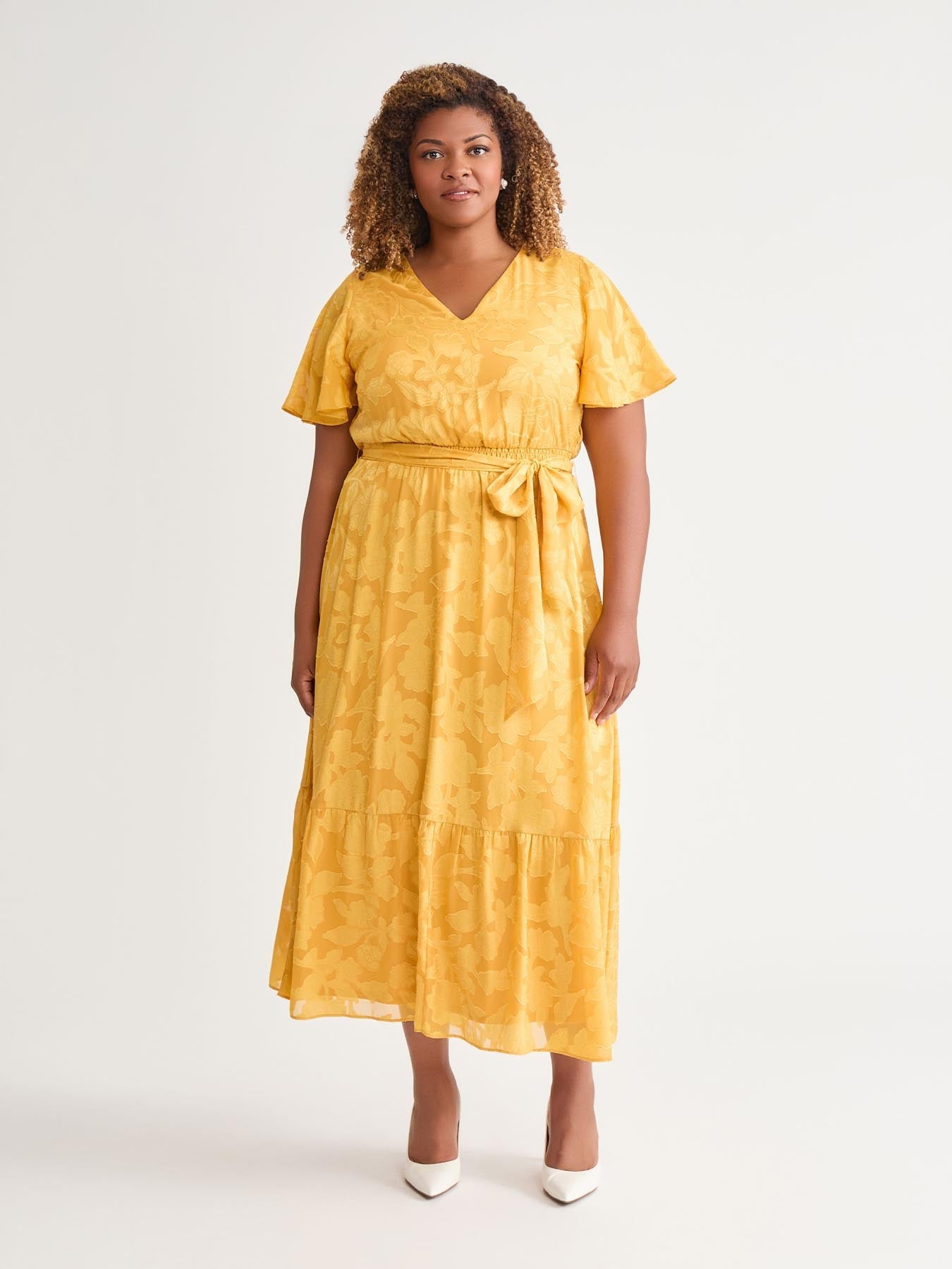 Flutter Sleeves Long Gown with Slit Flamingo Plus Size