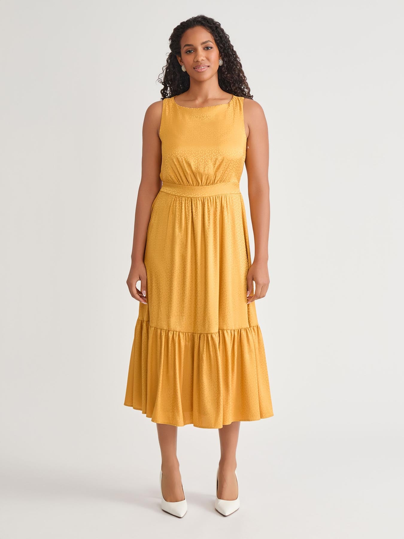 Sleeveless Boat Neck Tiered Dress, Gold Signature Sleeveless Boat Neck Tiered Dress, Gold Signature