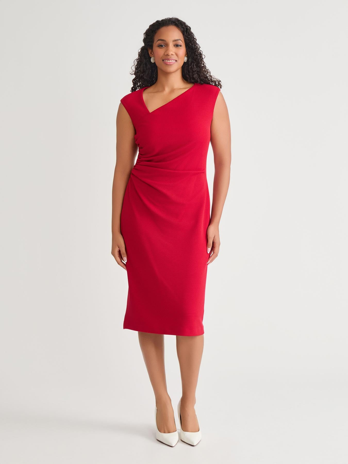 Asymmetrical Neck Ruched Midi Dress, Crimson in Crimson | Kasper