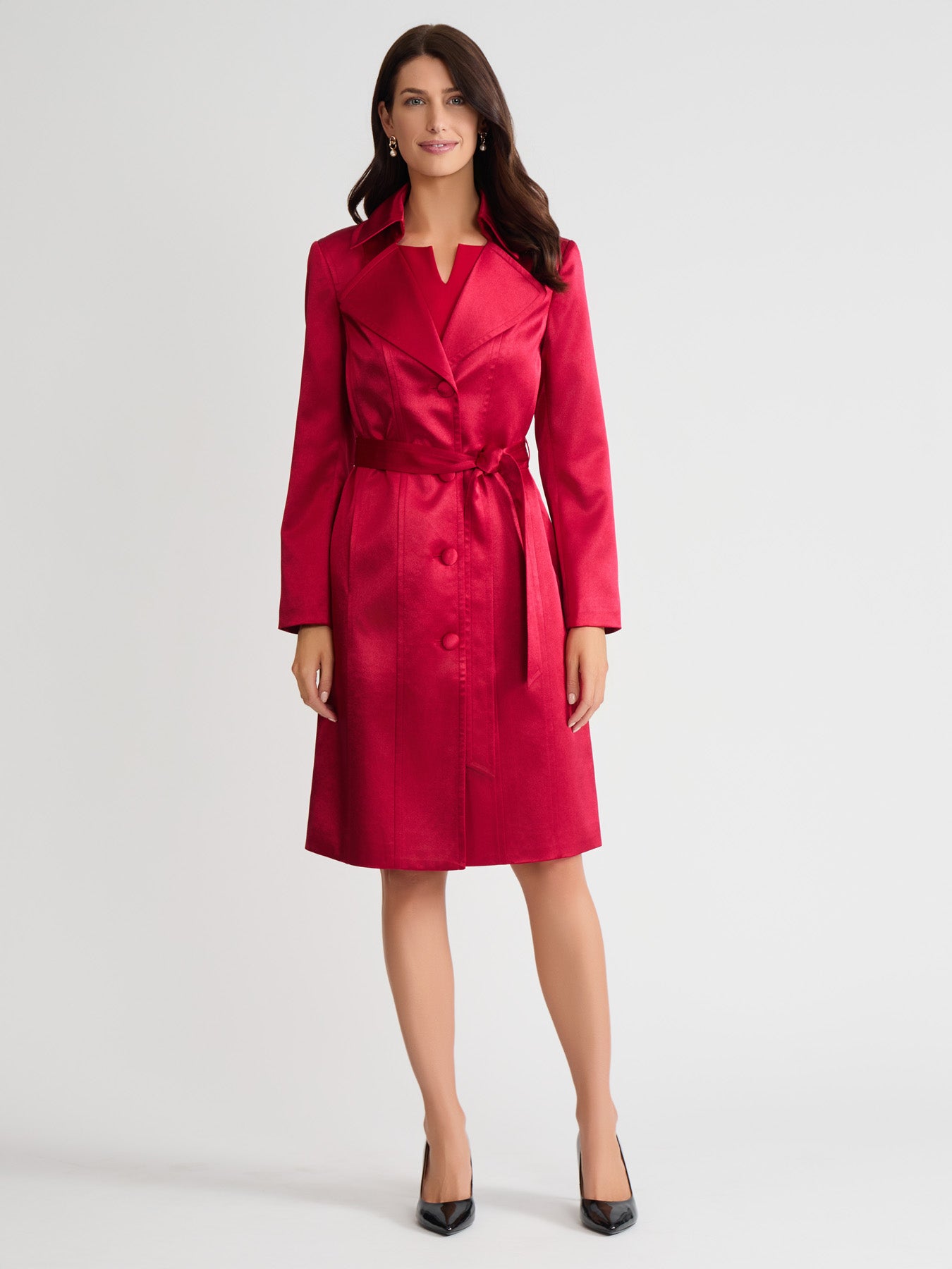Belted Trench Coat, Satin in Fire Red | Kasper