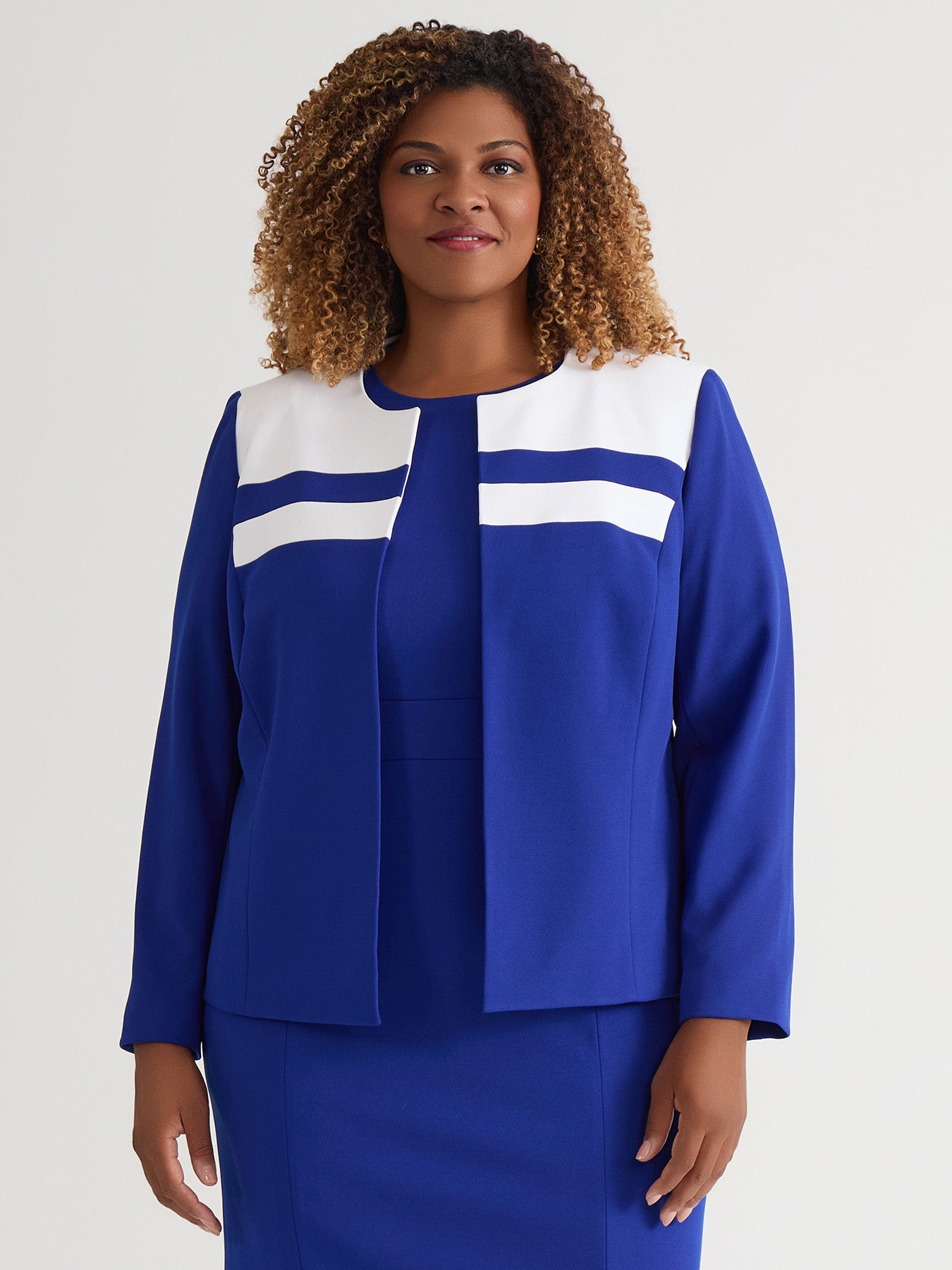 Contrast Paneling Open Front Cardigan, Royal Signature/White in Royal
