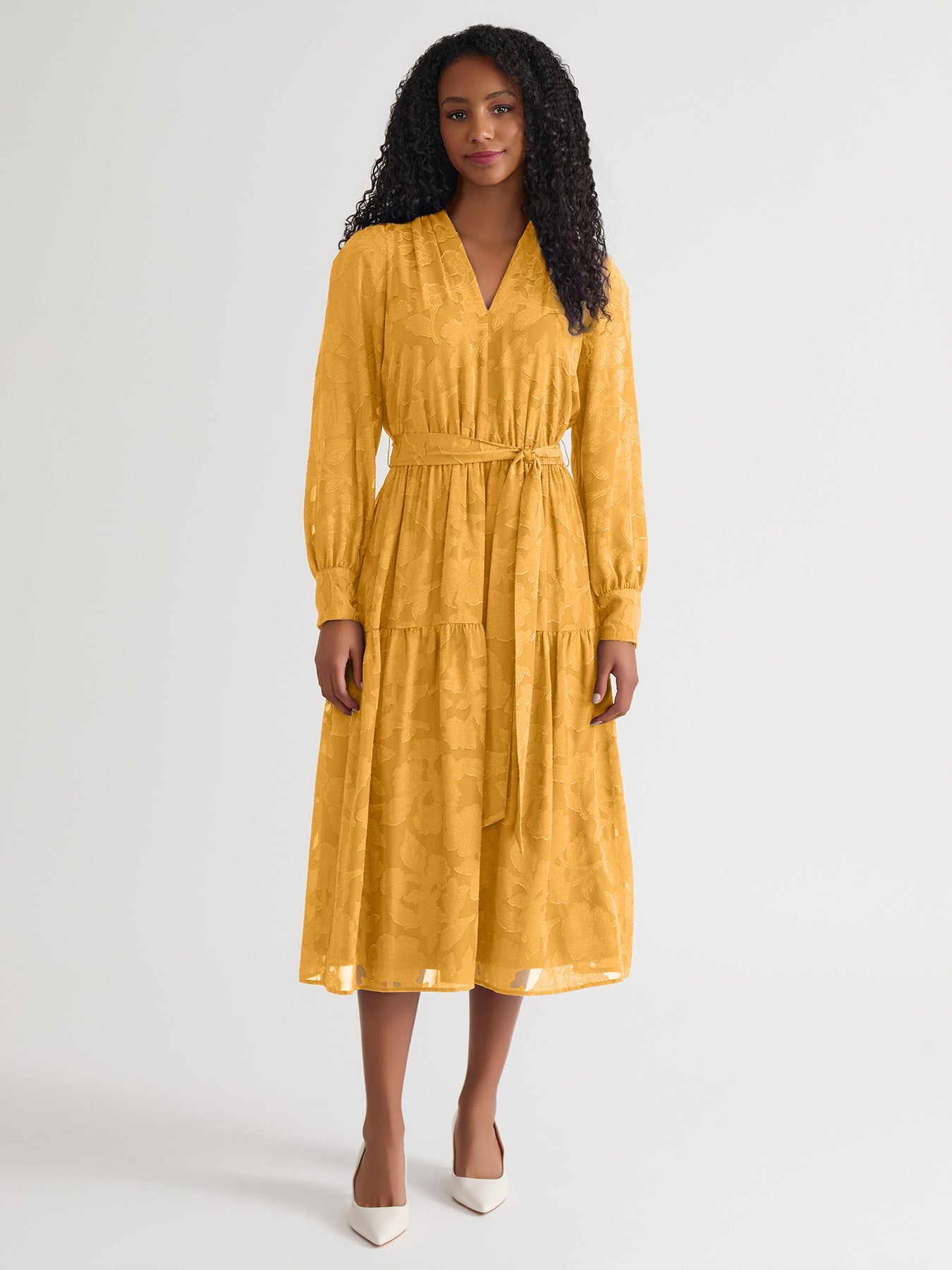 Kasper Women's Soft V-Neck Tiered Midi Dress - Gold