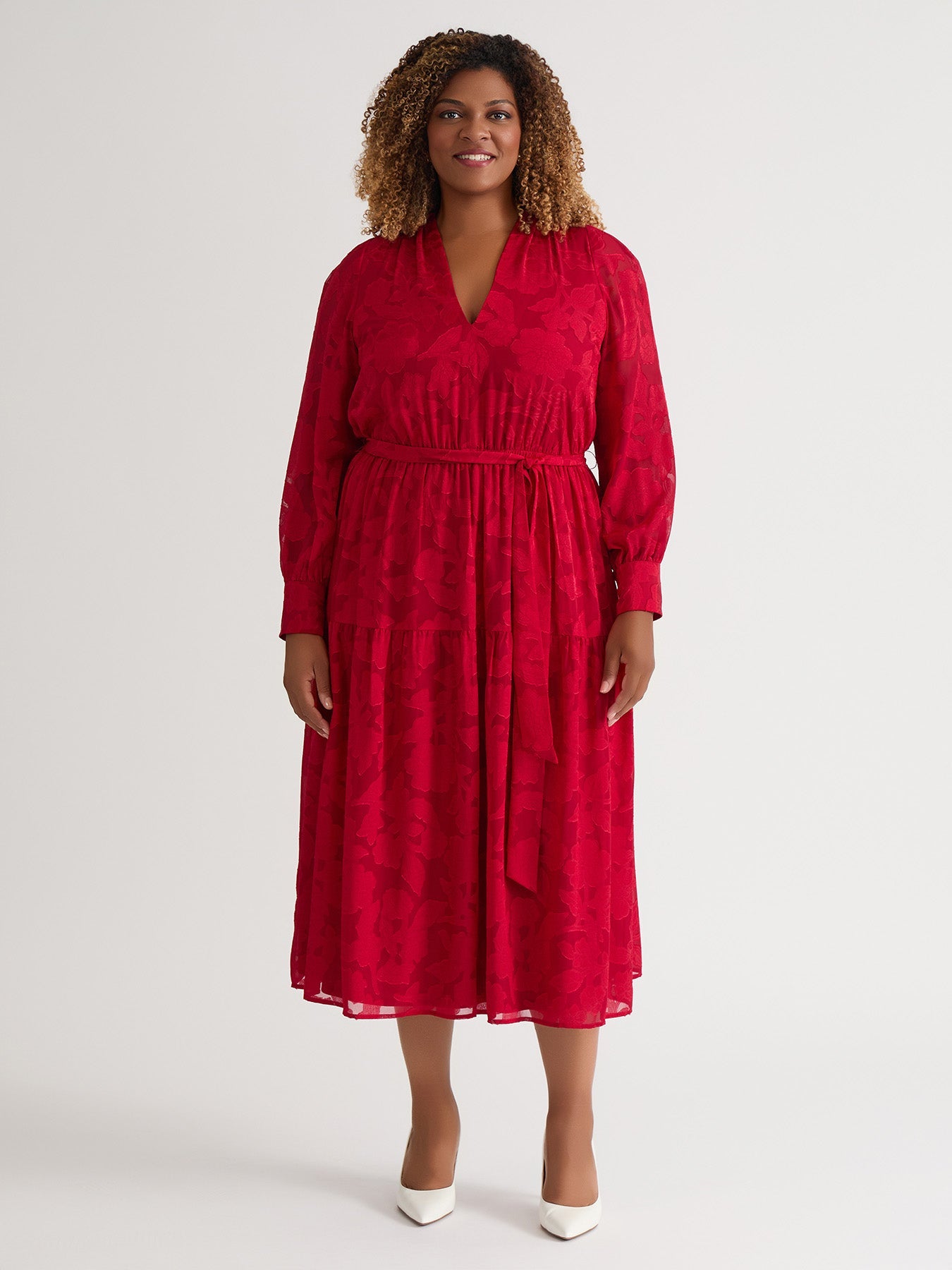 Kasper Women's Soft V-Neck Tiered Midi Dress - Crimson