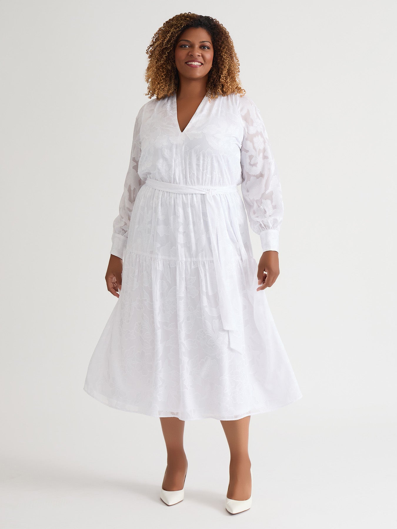 Kasper Women's Soft V-Neck Tiered Midi Dress - White