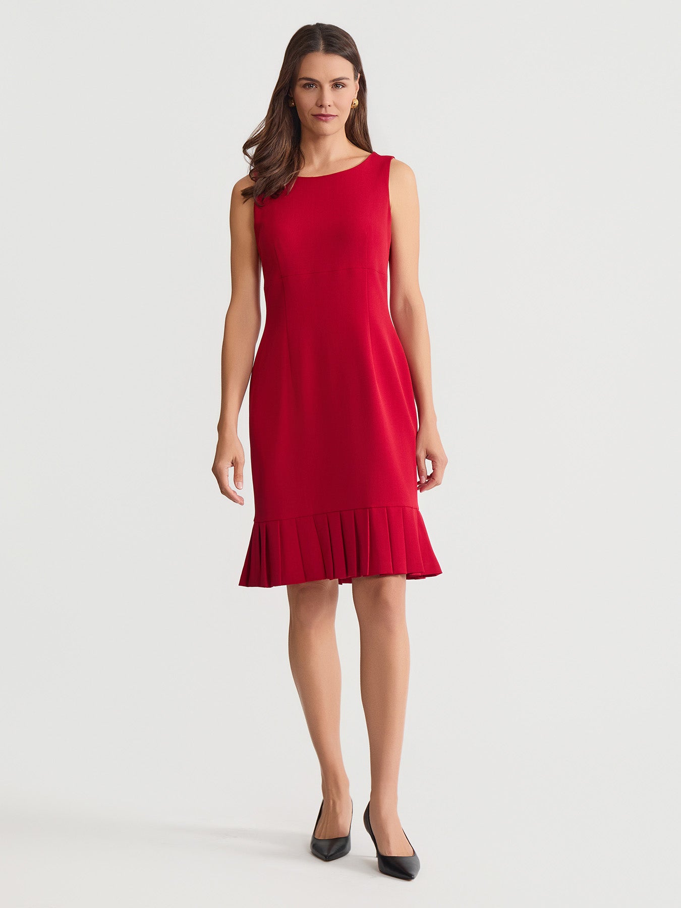 Petite Pleated Hem Sheath Dress, Stretch Crepe in Fire Red | Kasper Petite Pleated Hem Sheath Dress, Stretch Crepe in Fire Red | Kasper