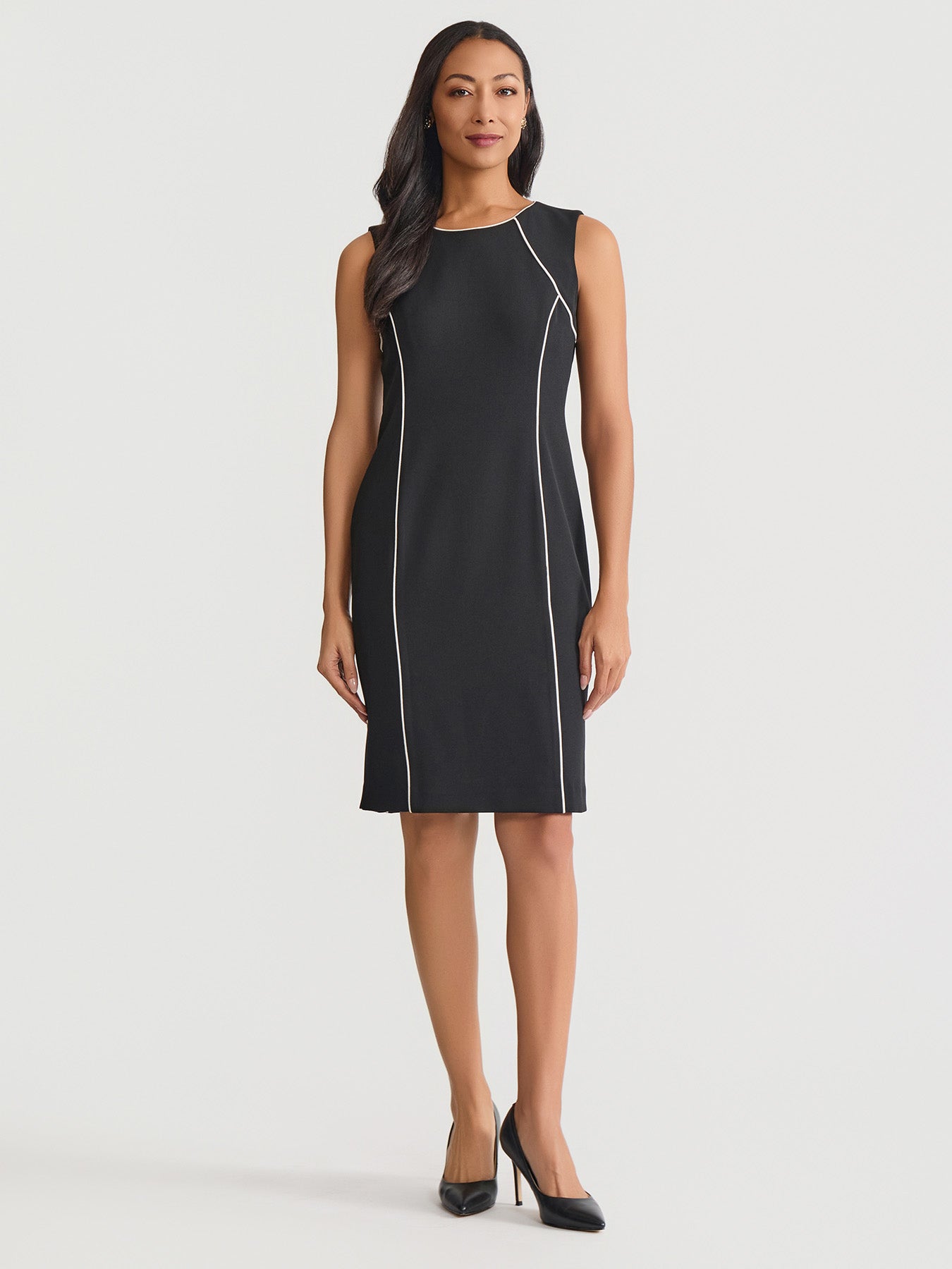 chinese dress ladies Corded Piping Sheath Dress, Stretch Crepe in Black/Vanilla Ice