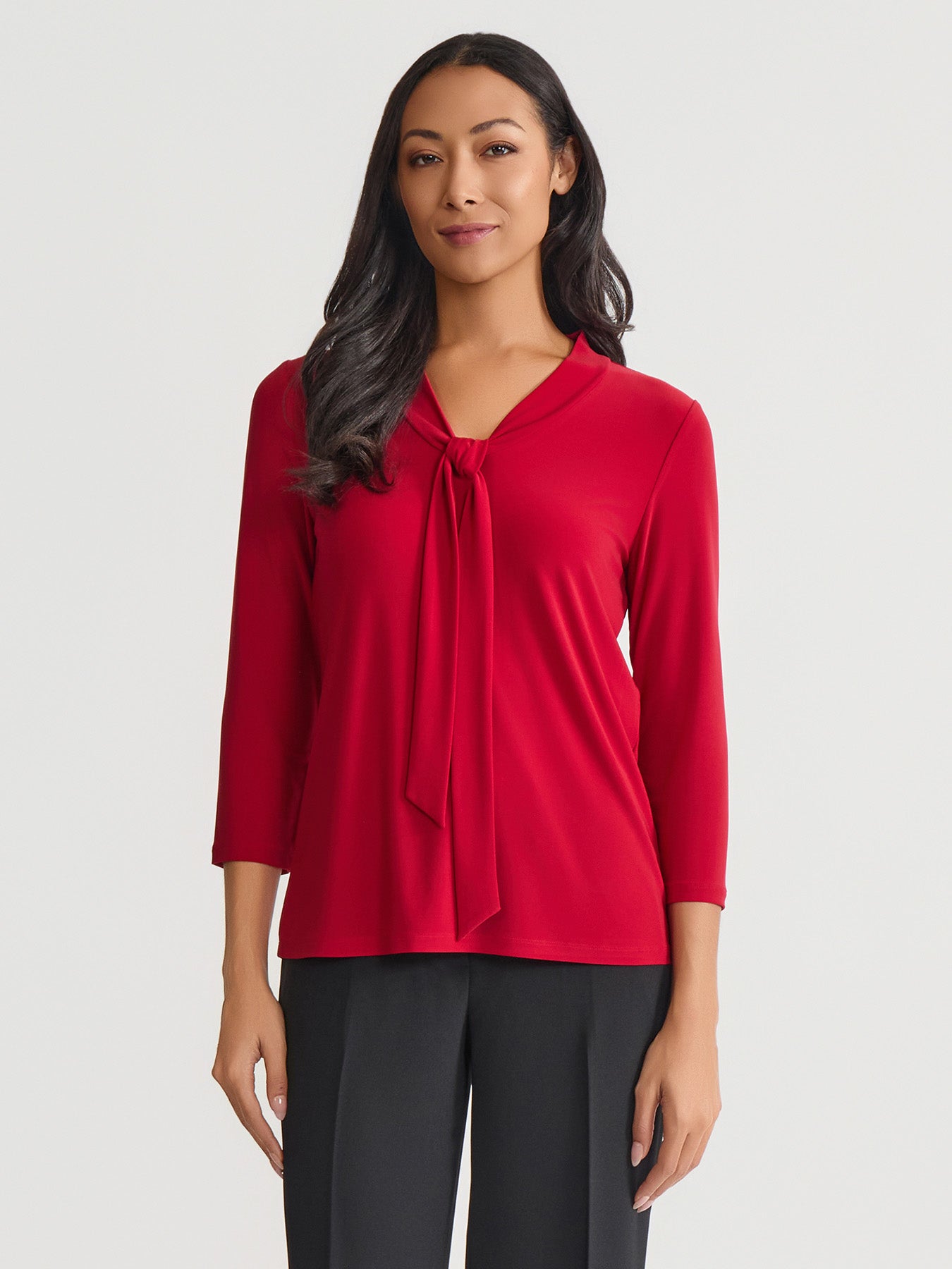 Tie Neck Top, Everyday Knit in Fire Red | Kasper