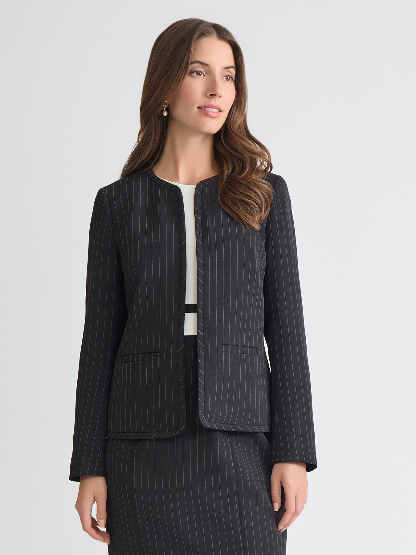 Open Front Jacket, Pinstripe in Black/Vanilla Ice | Kasper