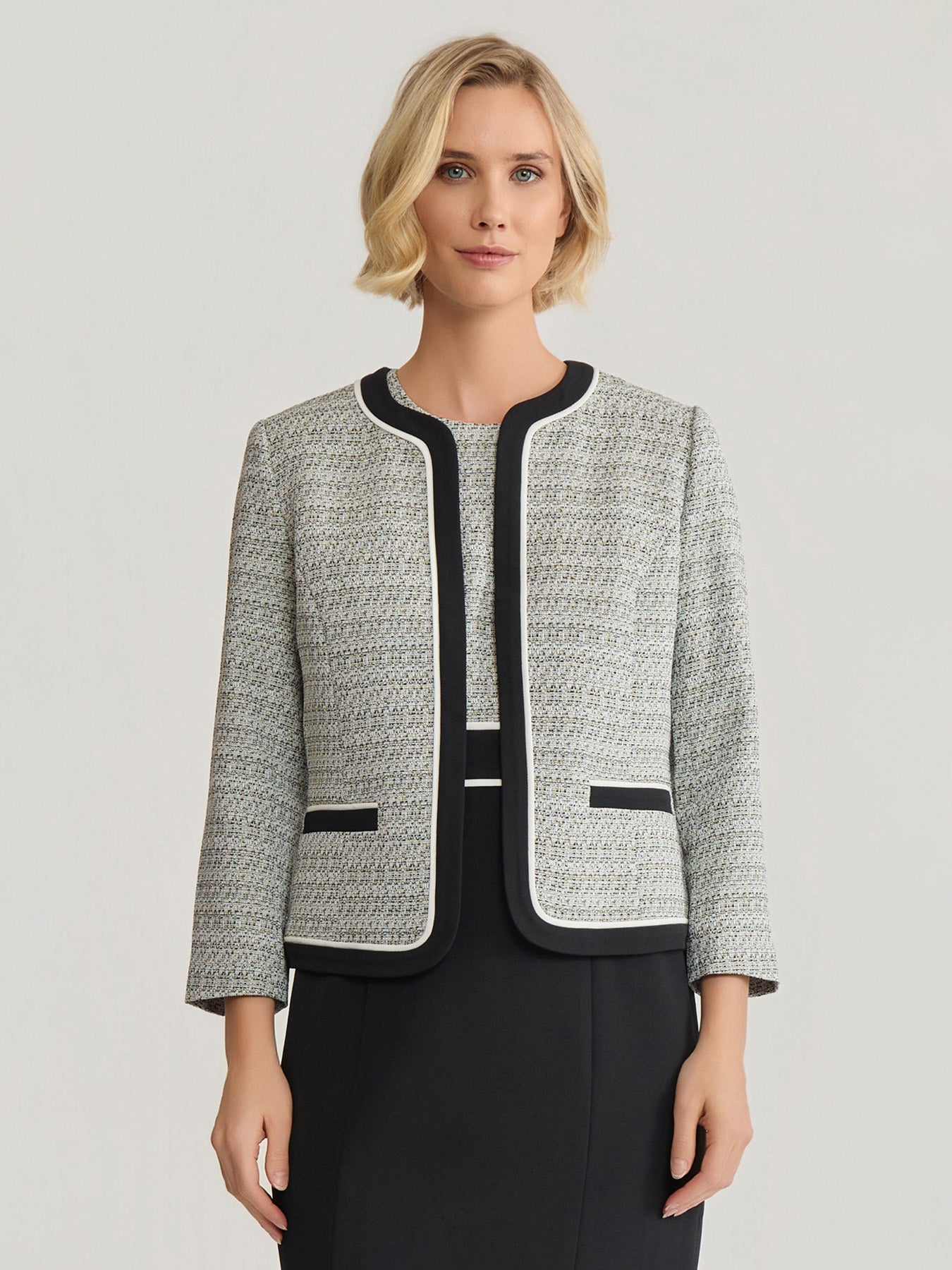 Open Front Contrast Trim Jacket, Tweed in Loden Dusk Multi | Kasper