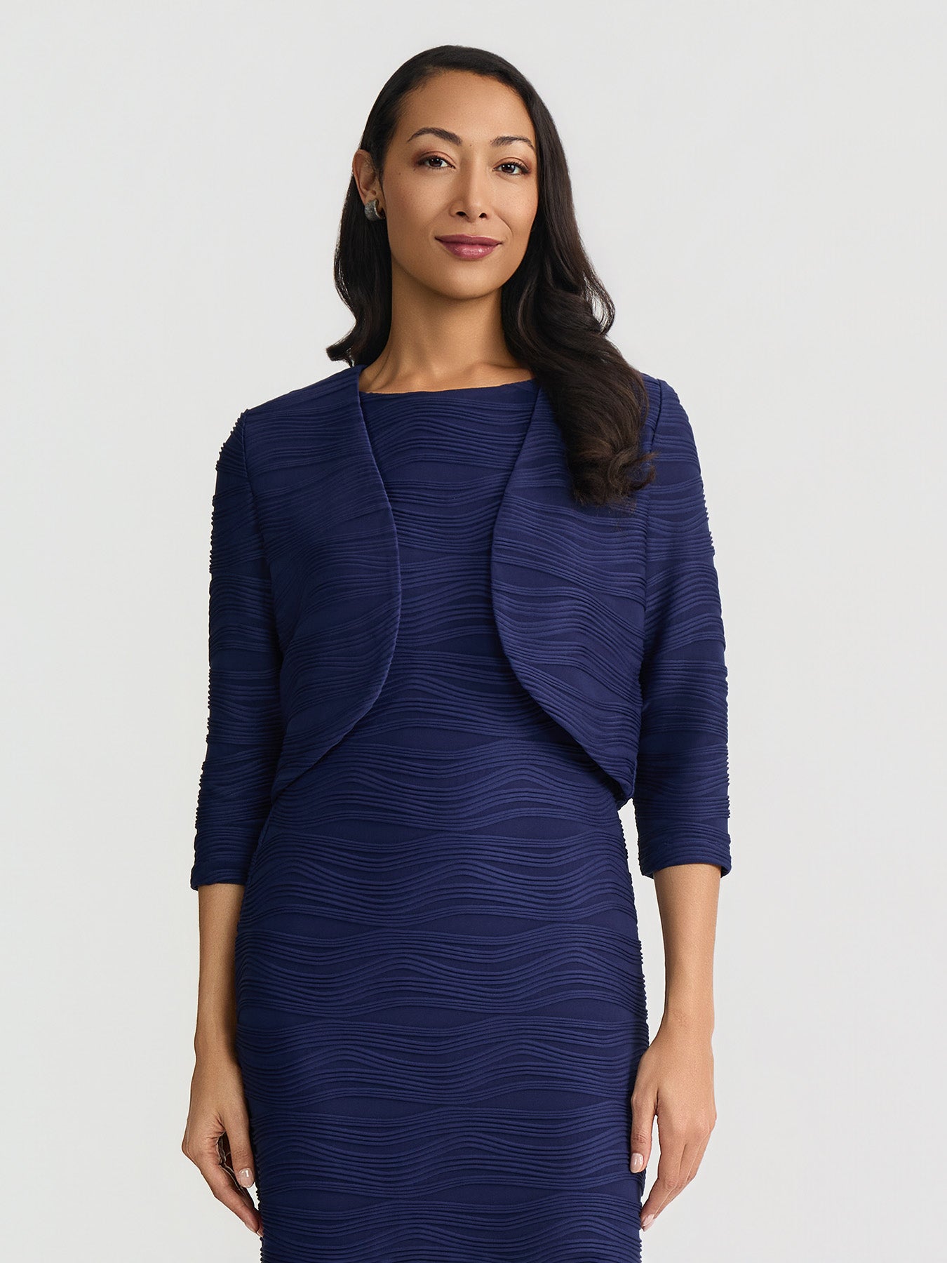 dark blue shrug for dresses Kasper MISSY Wave Knit 3/4 SLV Shrug, Navy Blue, XS
