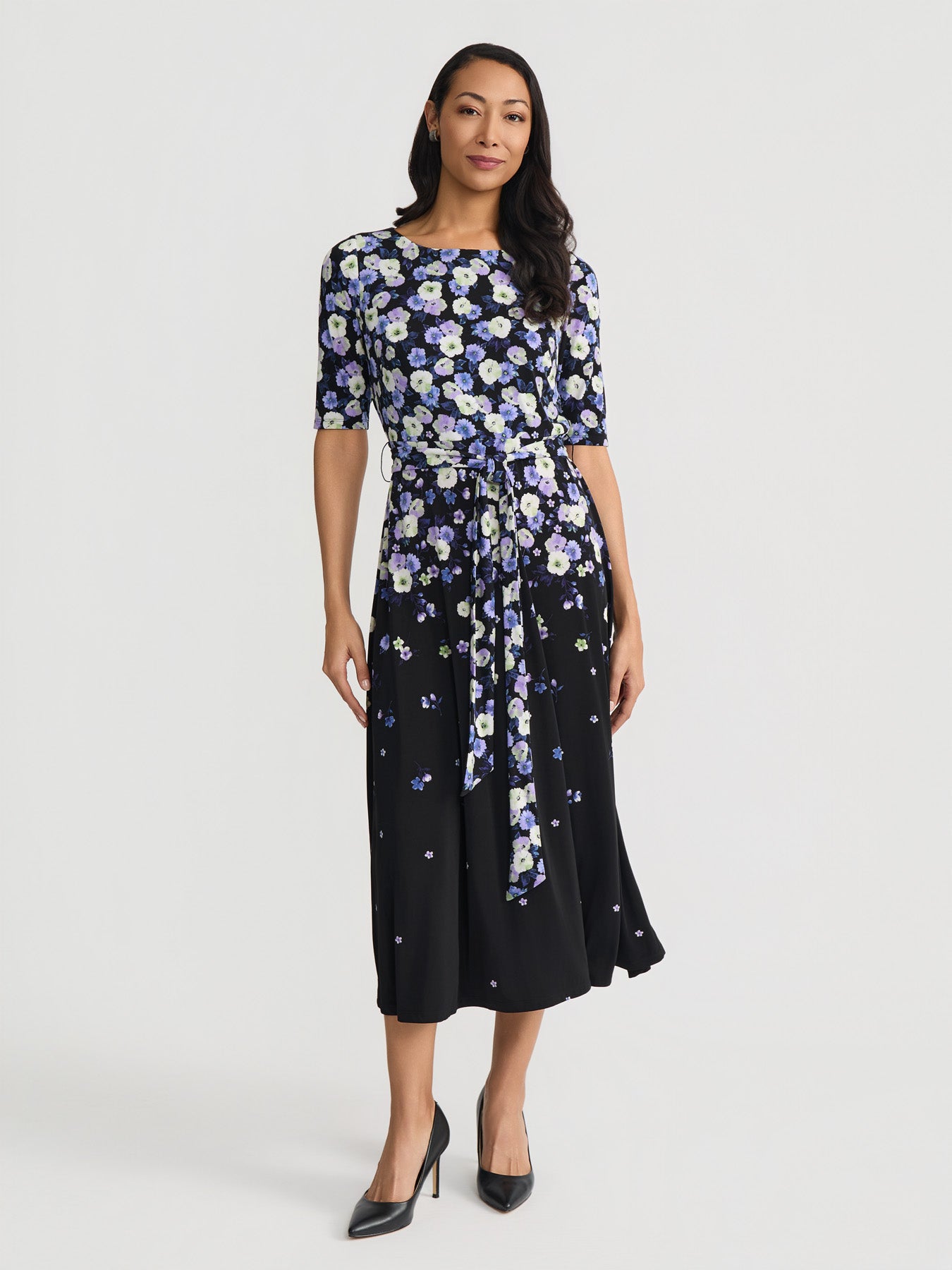 Kasper Women's Floral-Print Midi Dress - Black Multi - Size 10 Kasper Women's Floral-Print Midi Dress - Black Multi - Size 10