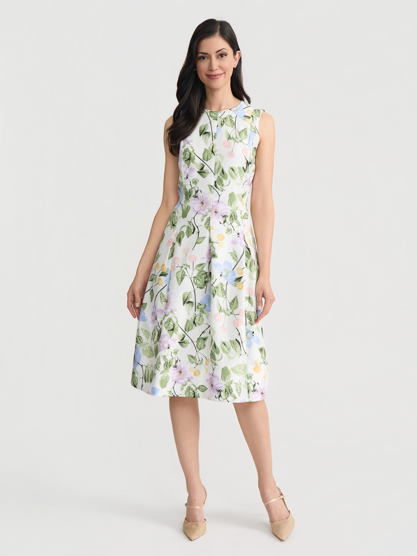 Kasper Women's Princess Seam Box Pleat Floral Dress, White, 6 Kasper Women's Princess Seam Box Pleat Floral Dress, White, 6