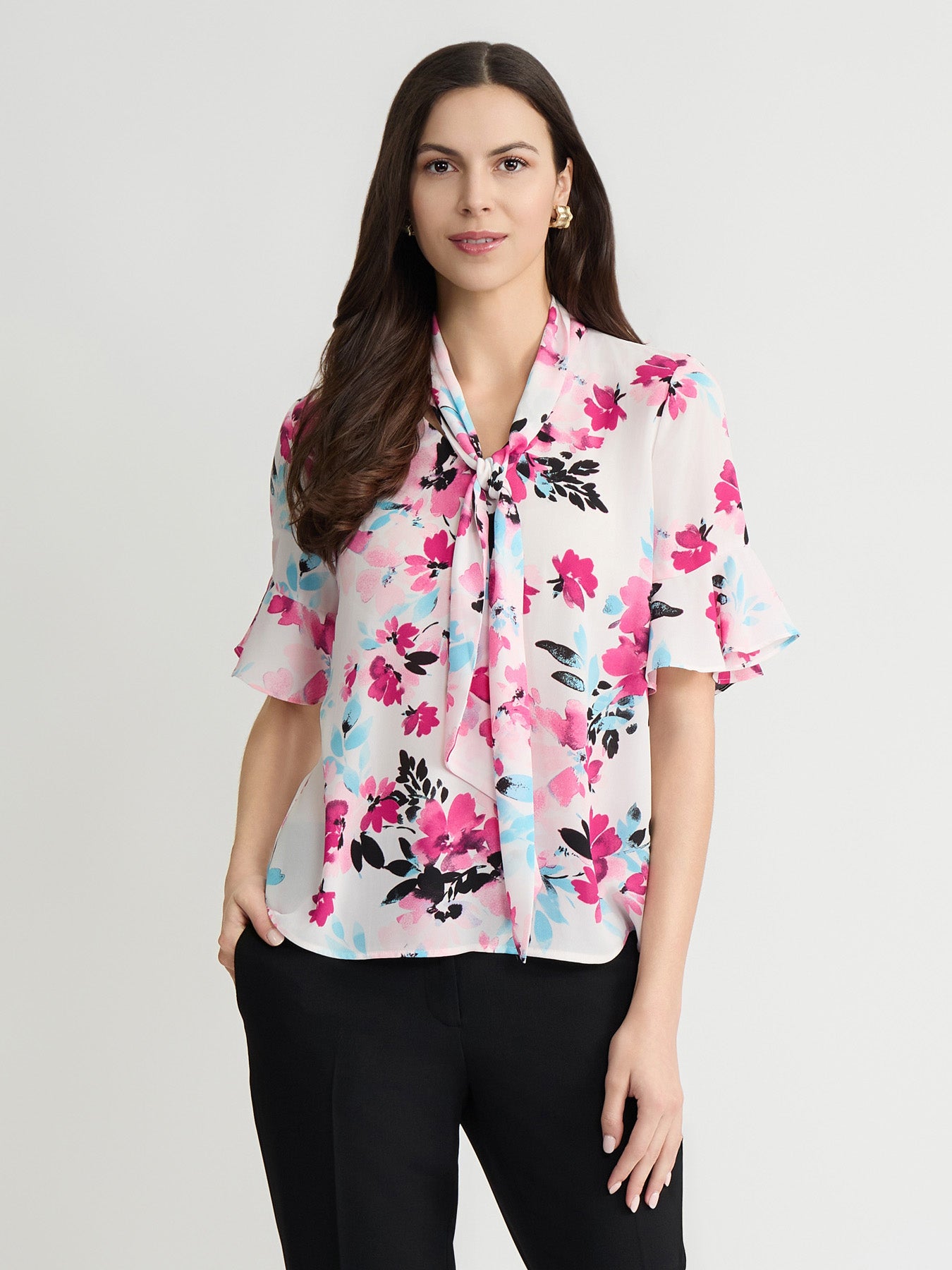 lily white blouse Plus Tie Neck Flutter Sleeve Blouse
