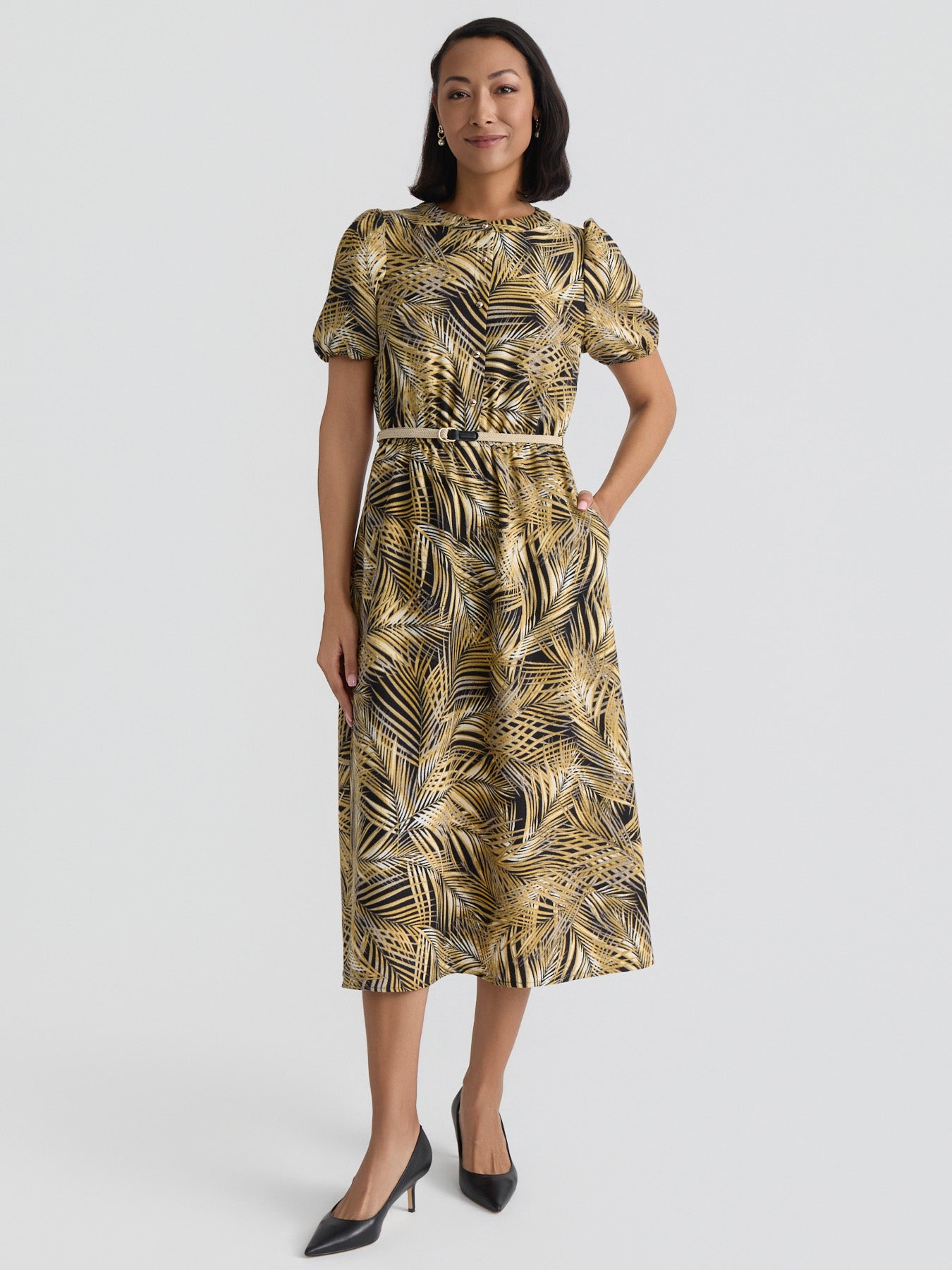 belted shirt midi dress Kasper Women's Puff Sleeve Shirt Dress, Black, Large