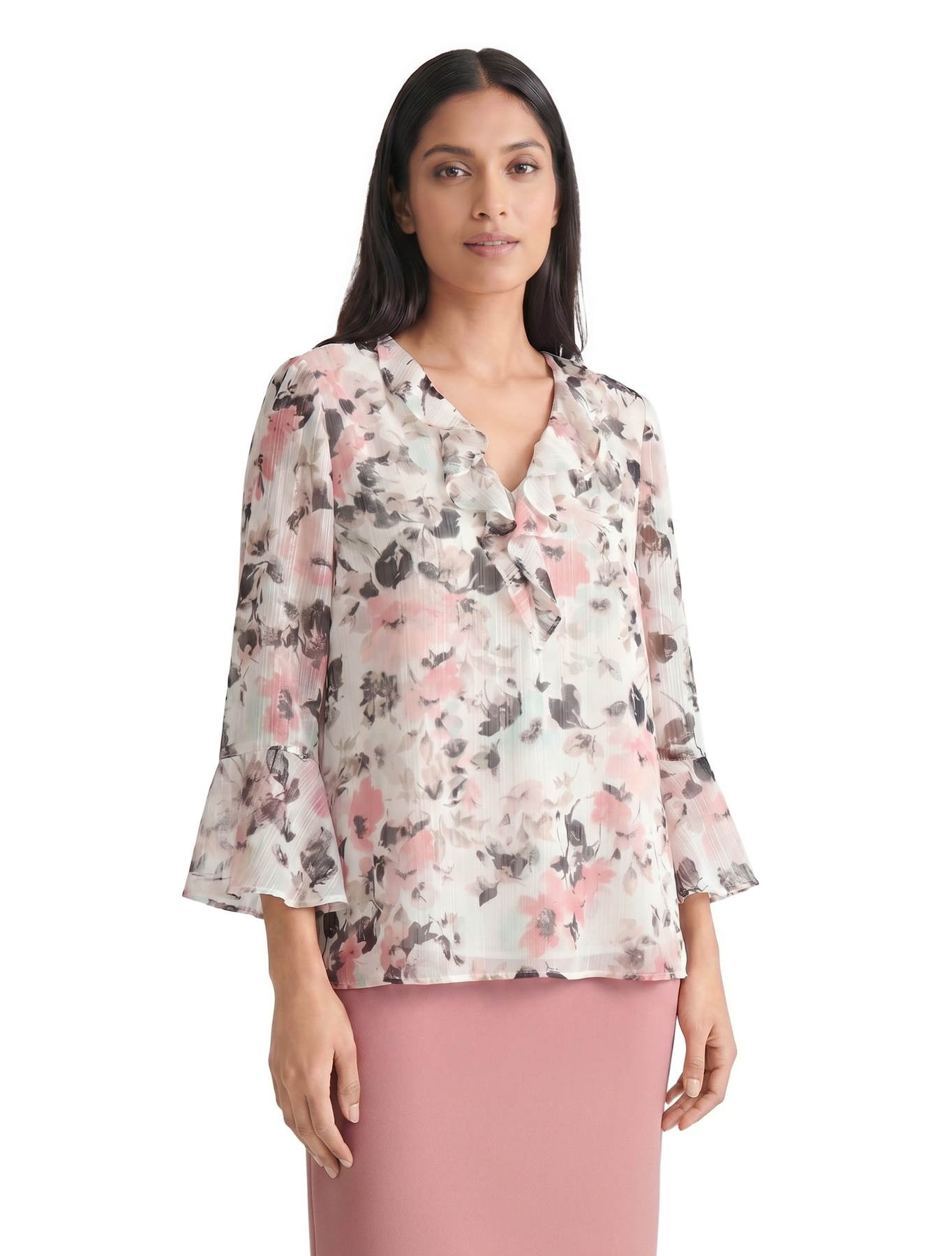 Plus Ruffle Neck Flounce Sleeve Blouse