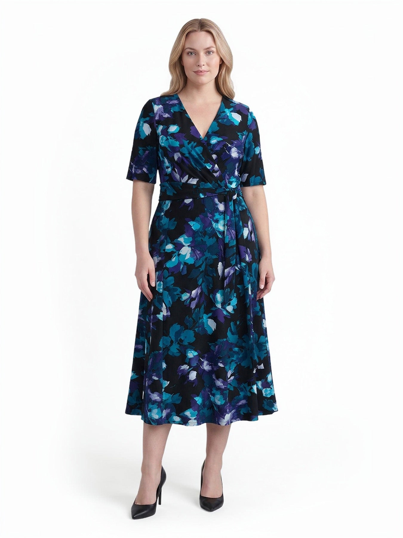 Plus V-Neck Tie Waist Flare Dress