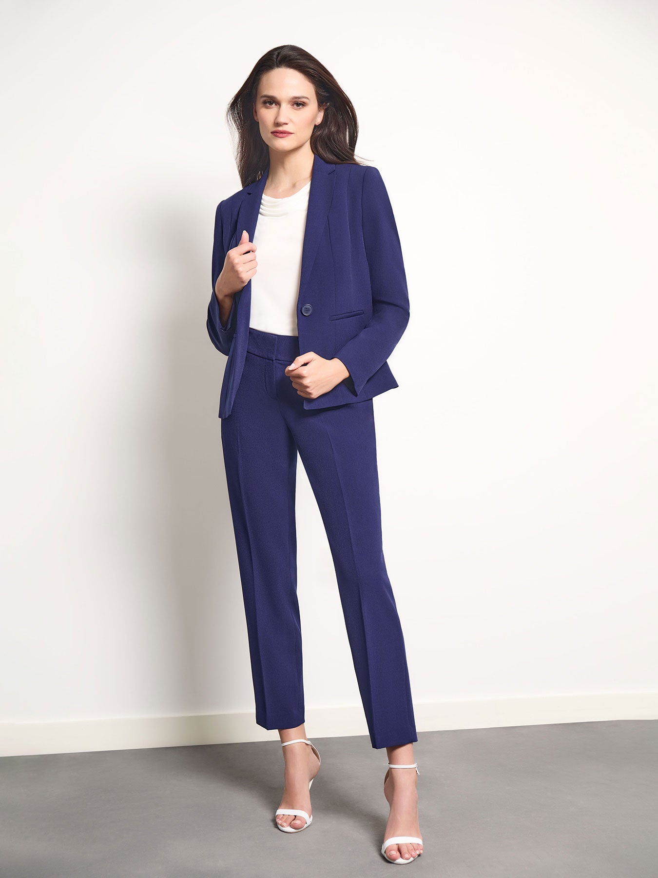 One Button Double Seamed Blazer, Stretch Crepe in Kasper Navy | Kaspe