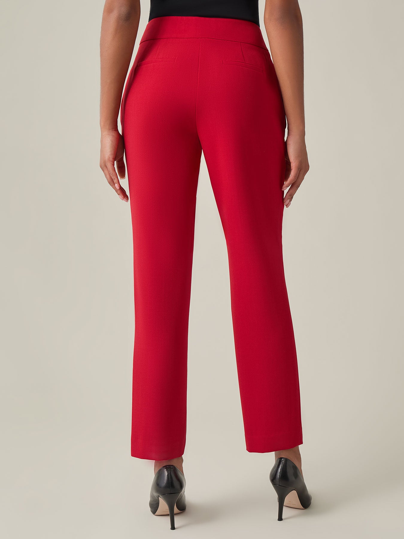 ladies red dress slacks Kasper Women's Petite Stretch Crepe Slim Leg Pants, Red, 14P