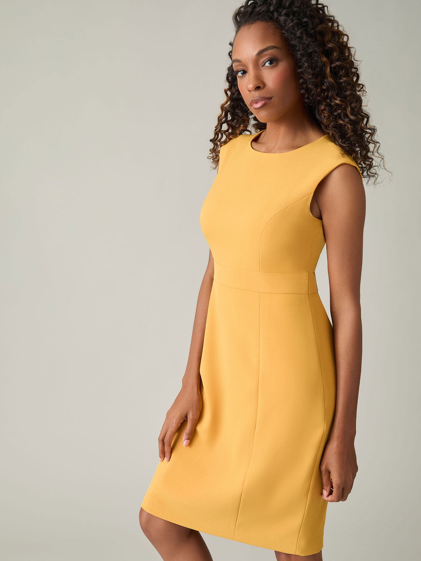 Jewel Neck Waistband Sheath Dress, Stretch Crepe in Gold Signature | K Jewel Neck Waistband Sheath Dress, Stretch Crepe in Gold Signature | K
