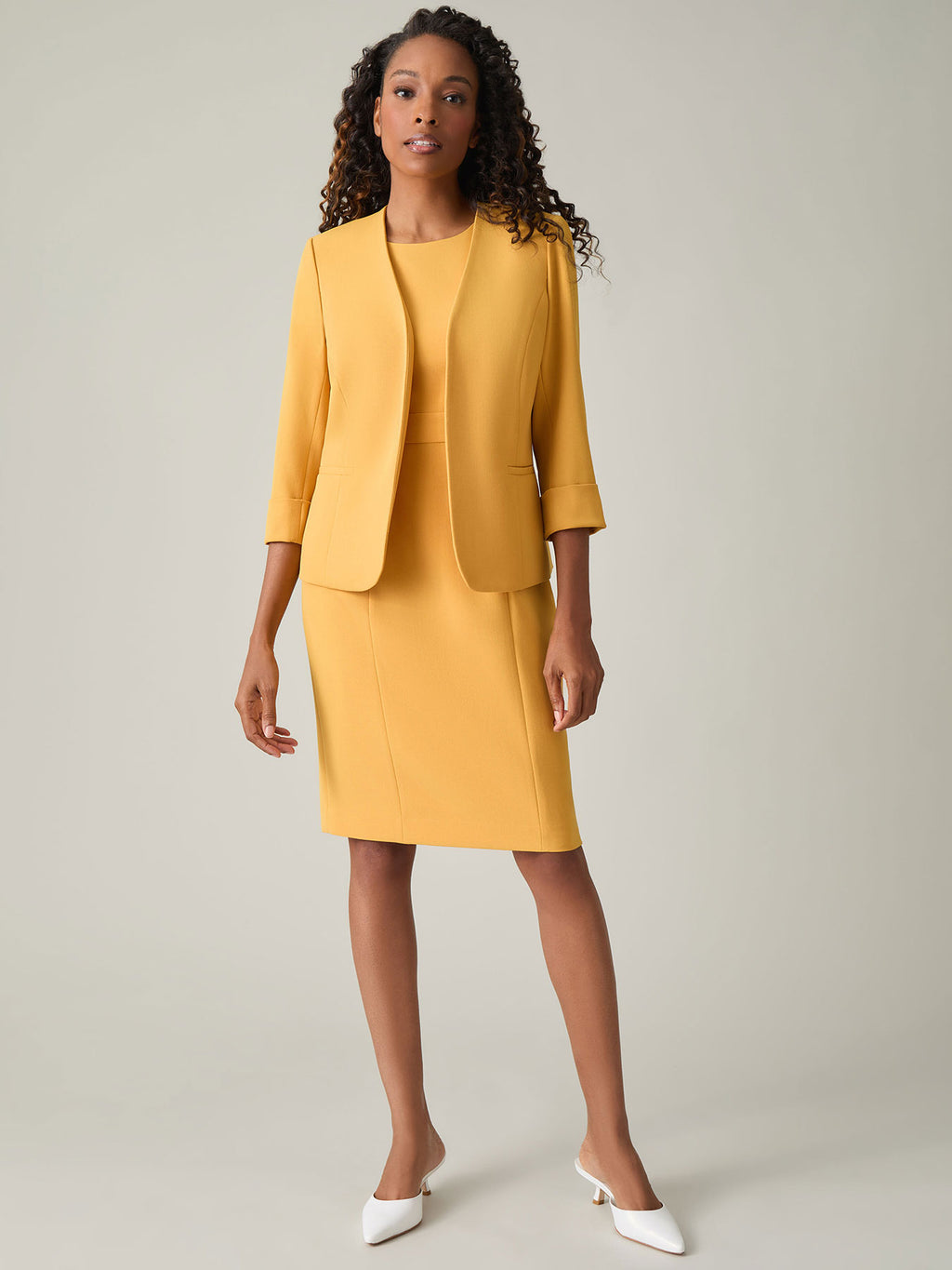 Open Front Seamed Jacket, Stretch Crepe in Gold Signature | Kasper