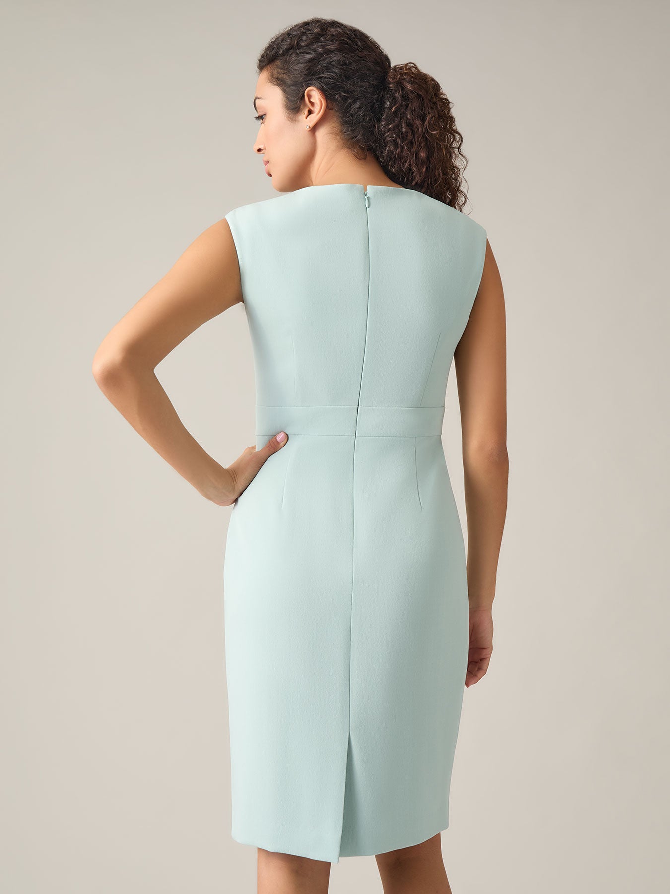 Plus Jewel Neck Waistband Sheath Dress, Stretch Crepe in Sea Glass