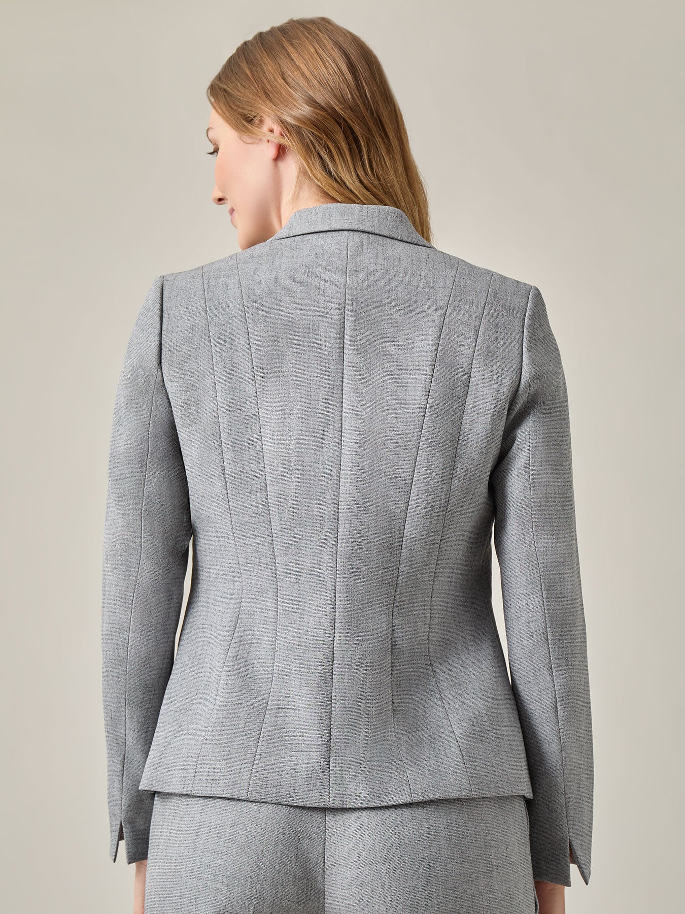 One Button Double Seamed Blazer, Stretch Crepe in Grey/Black One Button Double Seamed Blazer, Stretch Crepe in Grey/Black