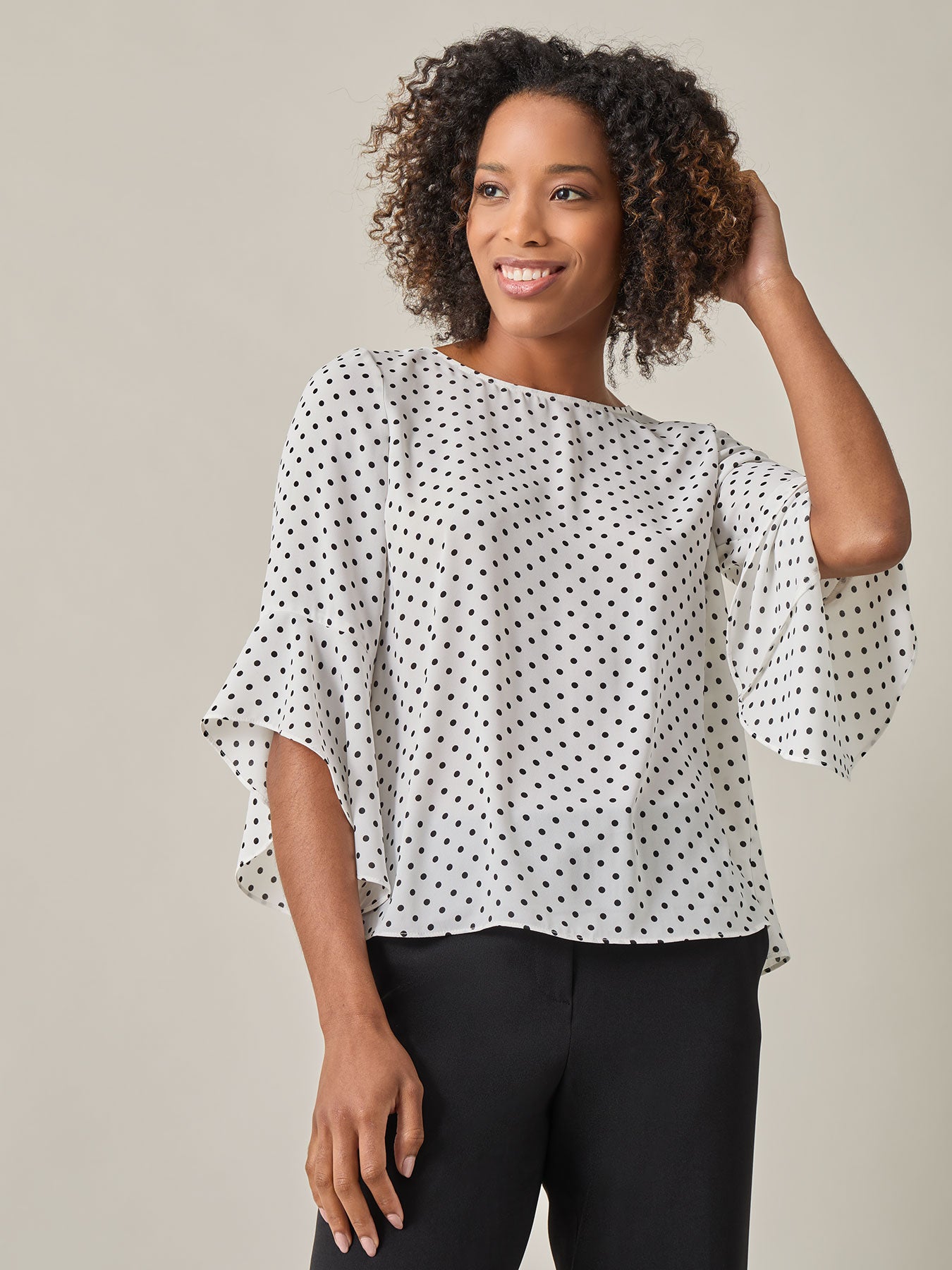 Flounce Sleeve Blouse in White/Black | Kasper