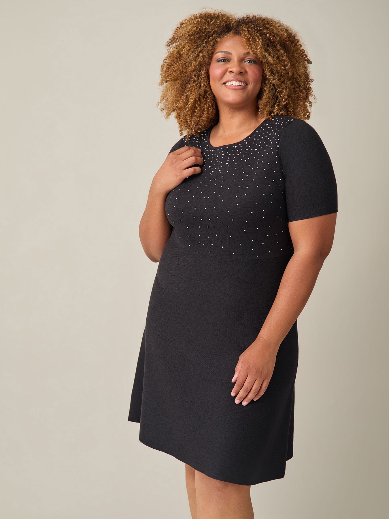 Quarter Sleeve Crew Neck Dress, Black Quarter Sleeve Crew Neck Dress, Black