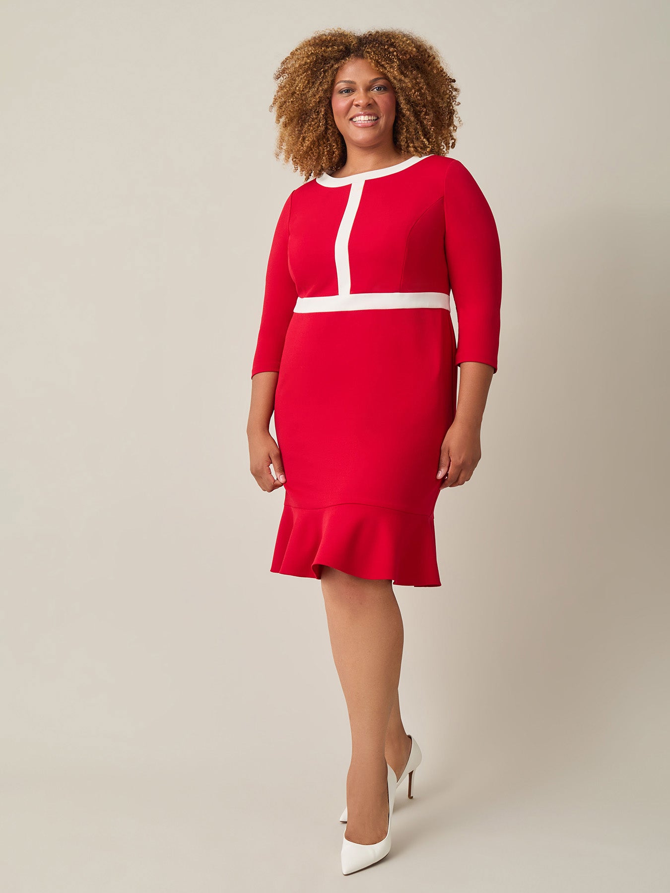 Colorblock Ruffle Hem Dress, Crimson/Cream Colorblock Ruffle Hem Dress, Crimson/Cream