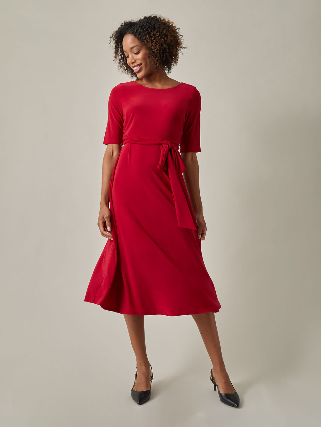 Crew Neck Tie Waist Flare Dress, Everyday Knit in Fire Red | Kasper
