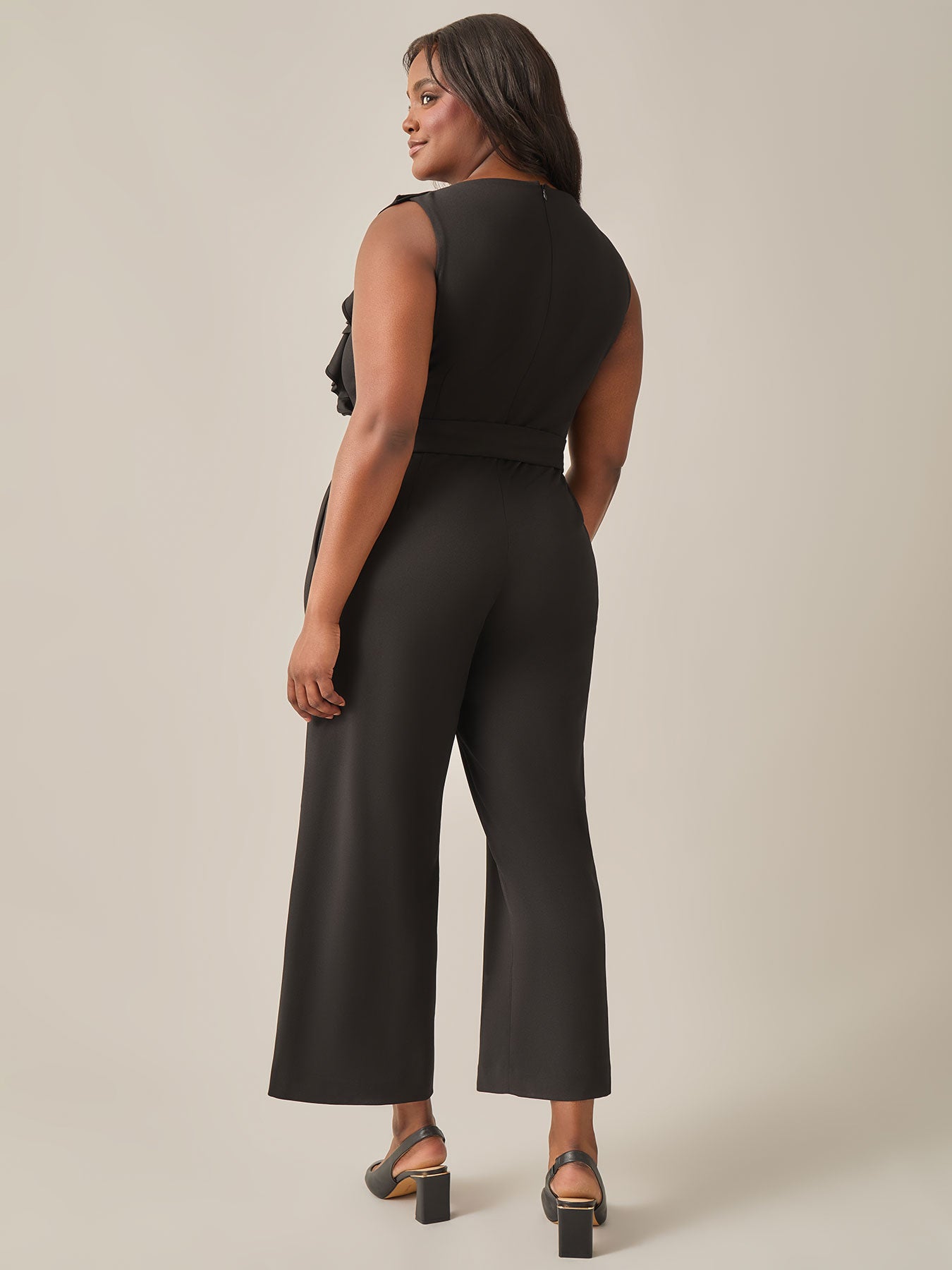 Ruffle Shoulder Jumpsuit, Black in Black | Kasper