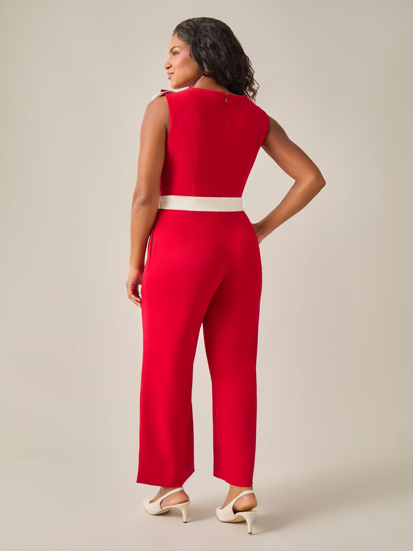 Ruffle Shoulder Jumpsuit, Crimson in Crimson/Cream | Kasper