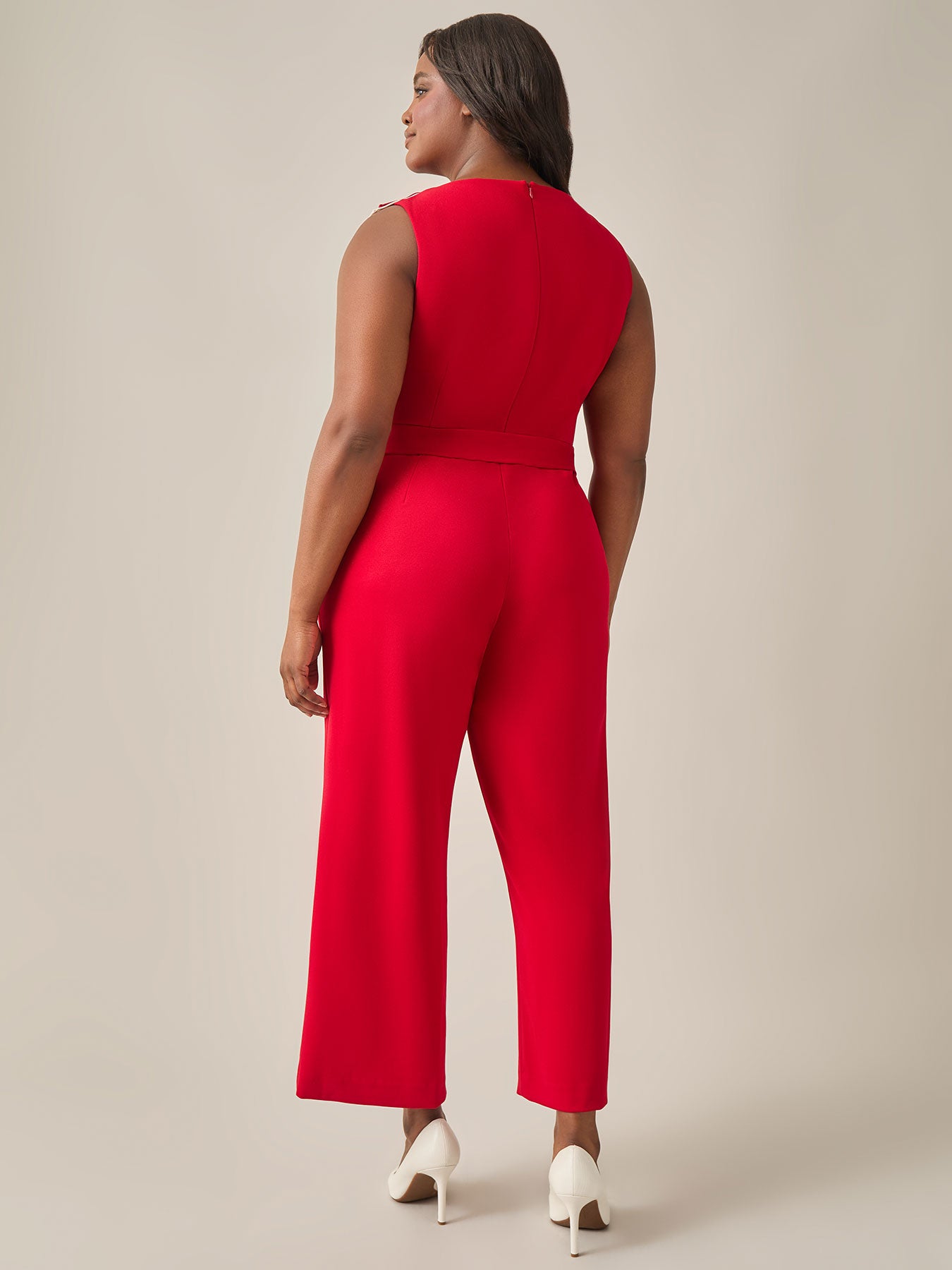 Ruffle Shoulder Jumpsuit, Crimson in Crimson/Cream | Kasper