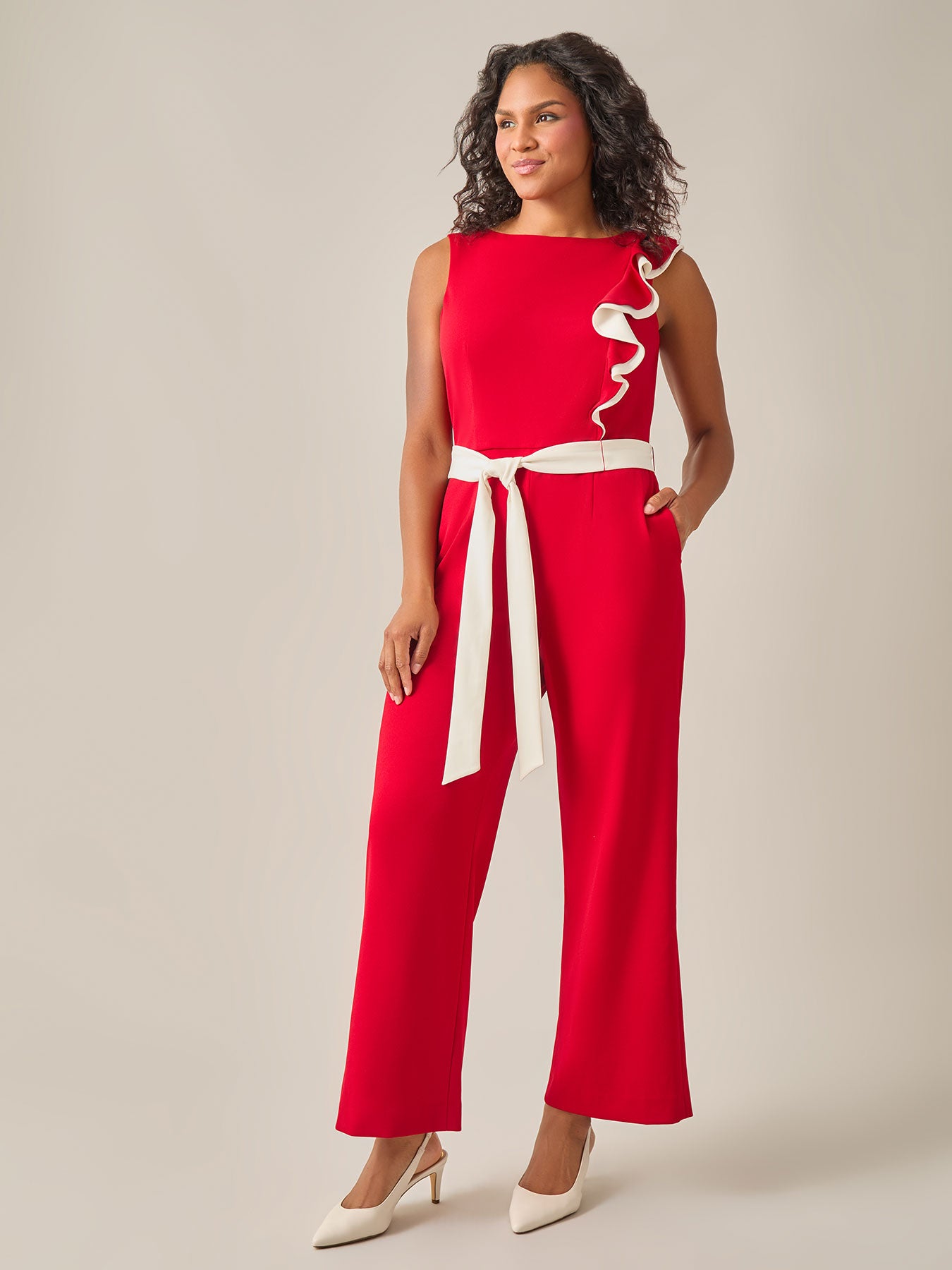 Ruffle Shoulder Jumpsuit, Crimson in Crimson/Cream | Kasper