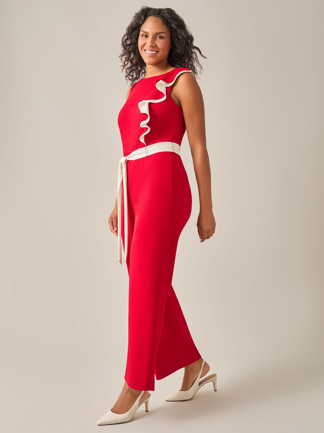 Ruffle Shoulder Jumpsuit, Crimson in Crimson/Cream | Kasper