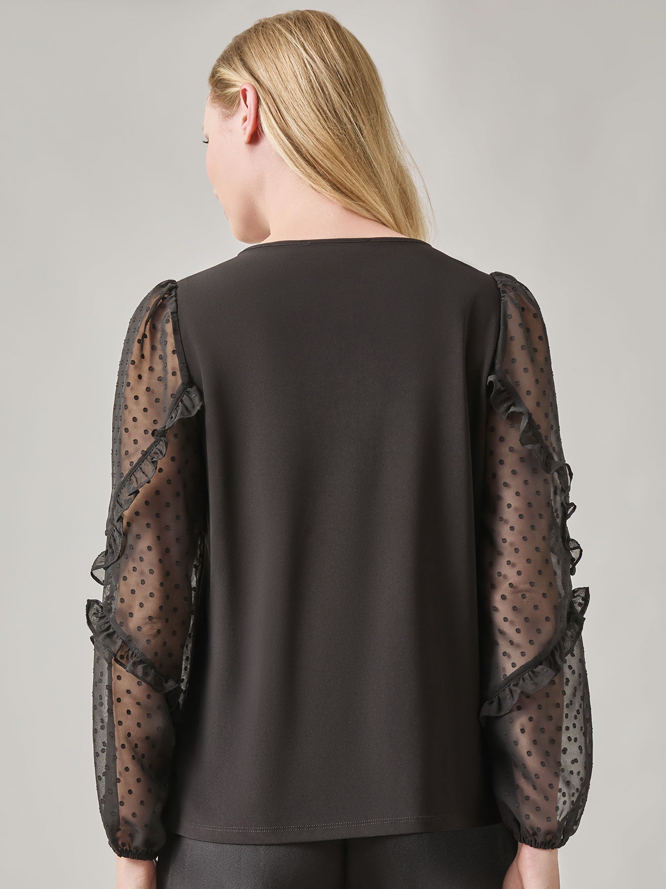 Clip Dot Sleeve Shirred Neck Blouse in Black | Kasper