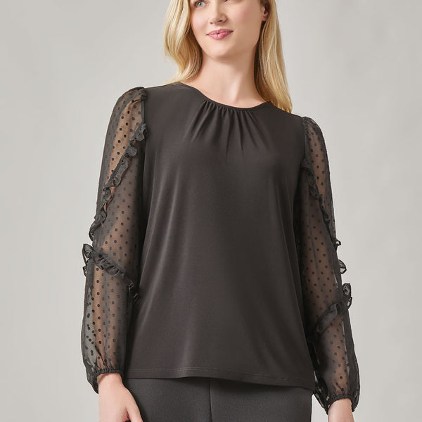 Clip Dot Sleeve Shirred Neck Blouse in Black | Kasper