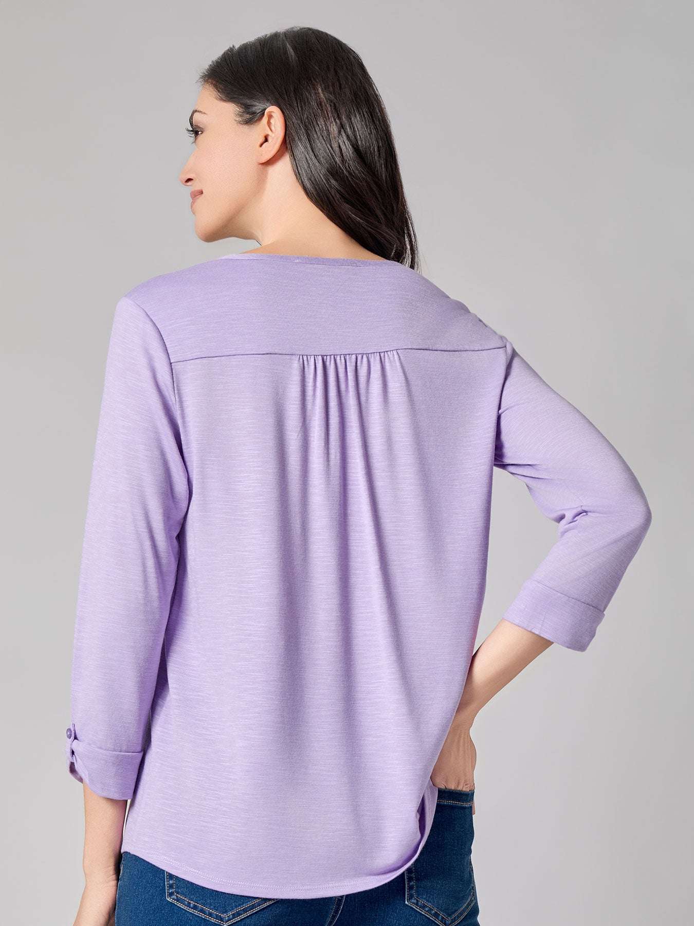 Plus Y-Neck Blouse in Lavender Mist | Kasper