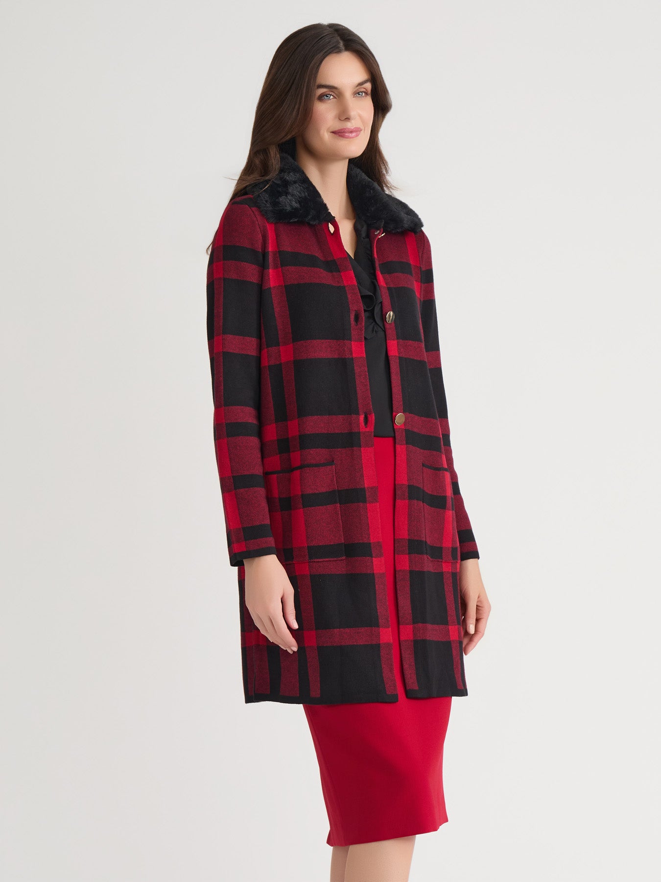 Fur Collared Coatigan in Fire Red/Black | Kasper