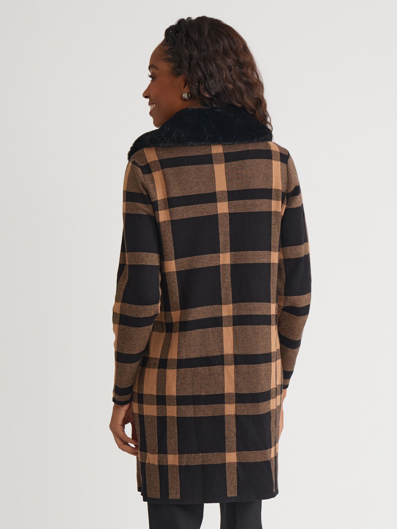 Fur Collared Coatigan in Black/Dark Camel | Kasper
