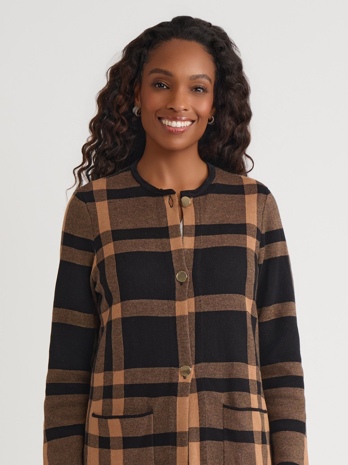 Fur Collared Coatigan in Black/Dark Camel | Kasper