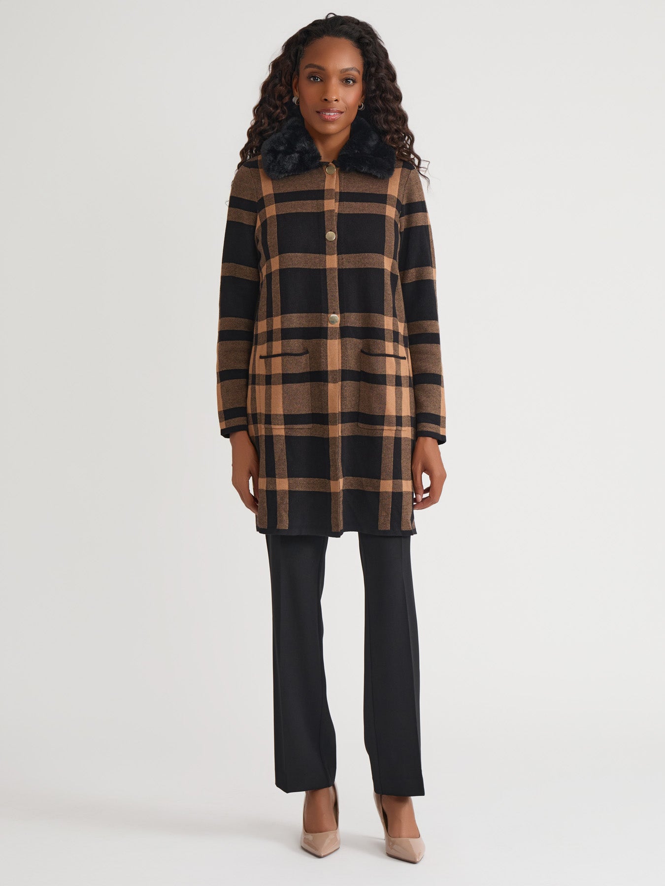 Fur Collared Coatigan in Black/Dark Camel | Kasper